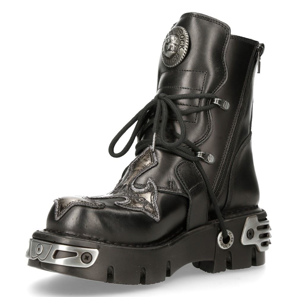 New Rock Mens 407-S1 Silver Cross Black Reactor Sole Leather Ankle