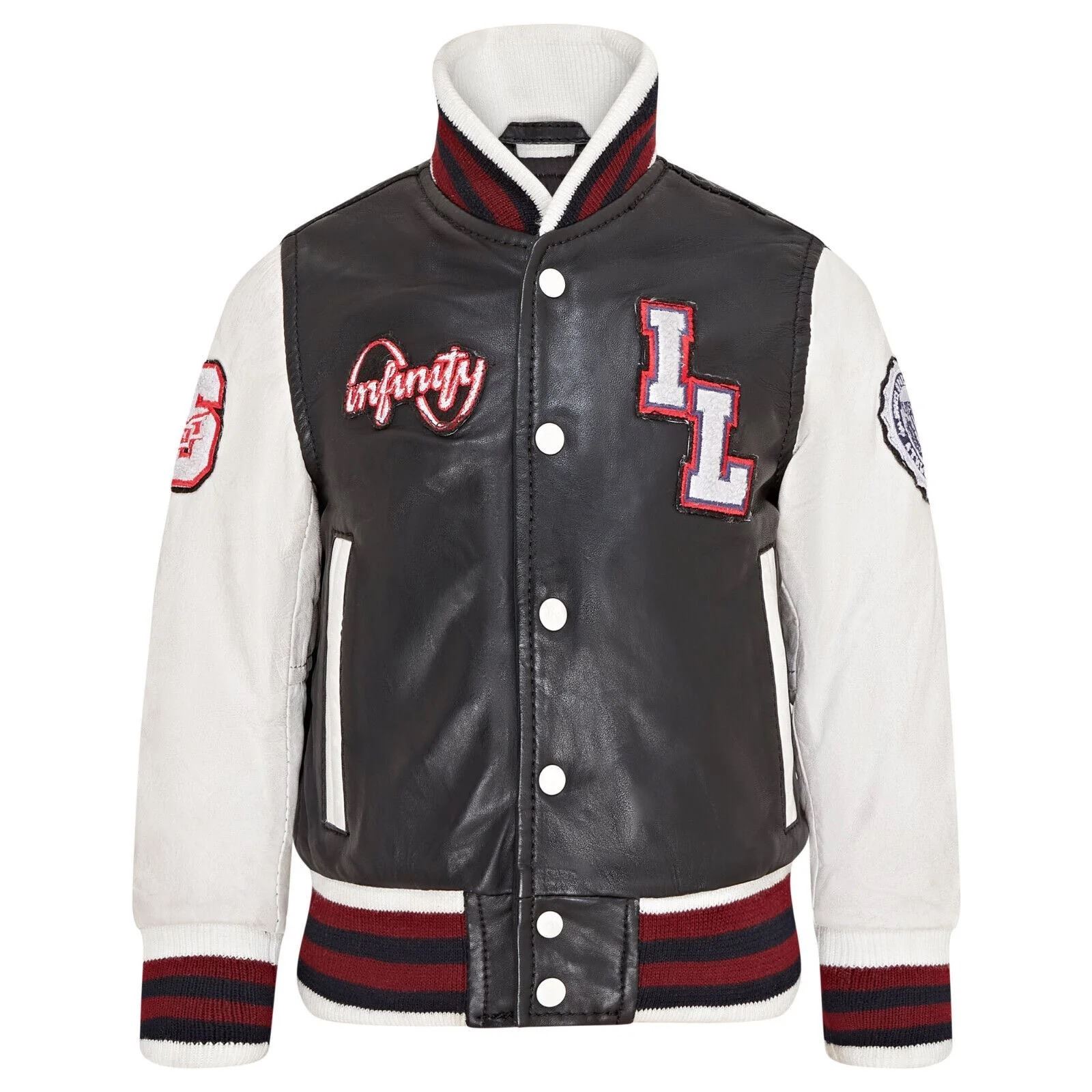 Kids Black Leather Letterman Bomber Jacket - Picture 5 of 8