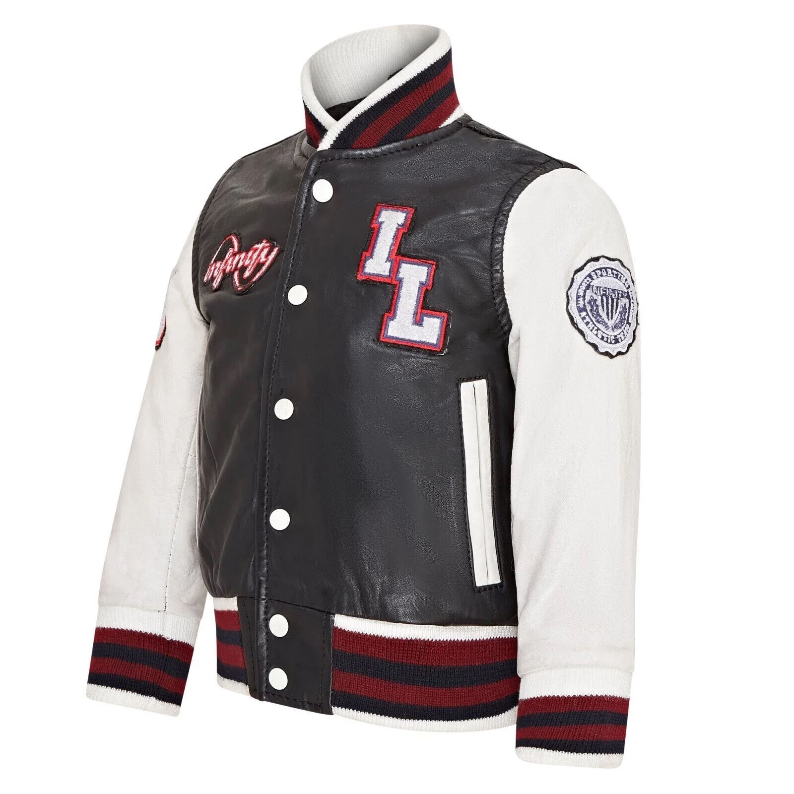 Kids Black Leather Letterman Bomber Jacket - Picture 6 of 8