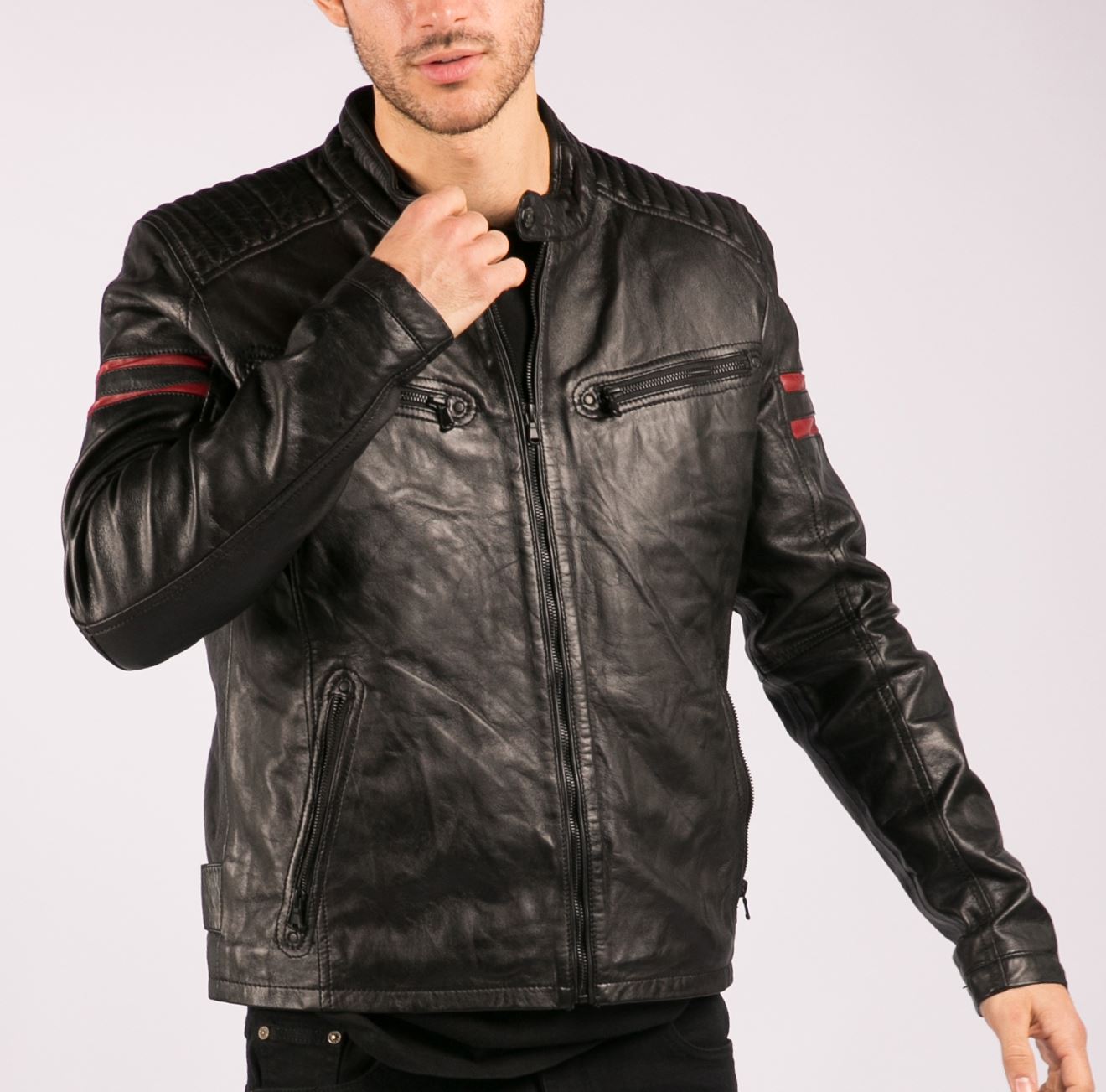 Mens Real Leather Biker Racing Jacket Red Stripes Zip Retro Casual Black Short - Picture 5 of 18