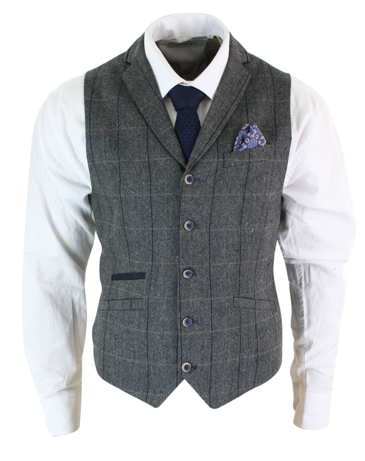 Mens waistcoat jacket tweed herringbone check brown grey vintage slim
