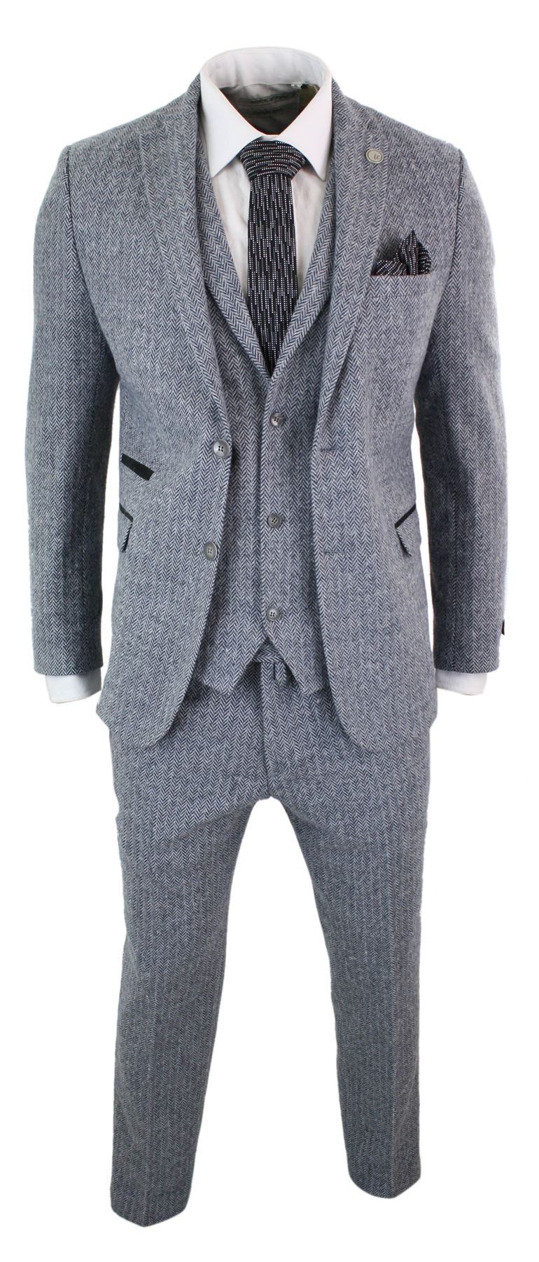 Pre-owned Truclothing Mens 3 Piece Tweed Suit Herringbone Wool Vintage Retro Peaky Blinders 1920s In Grey-stz11