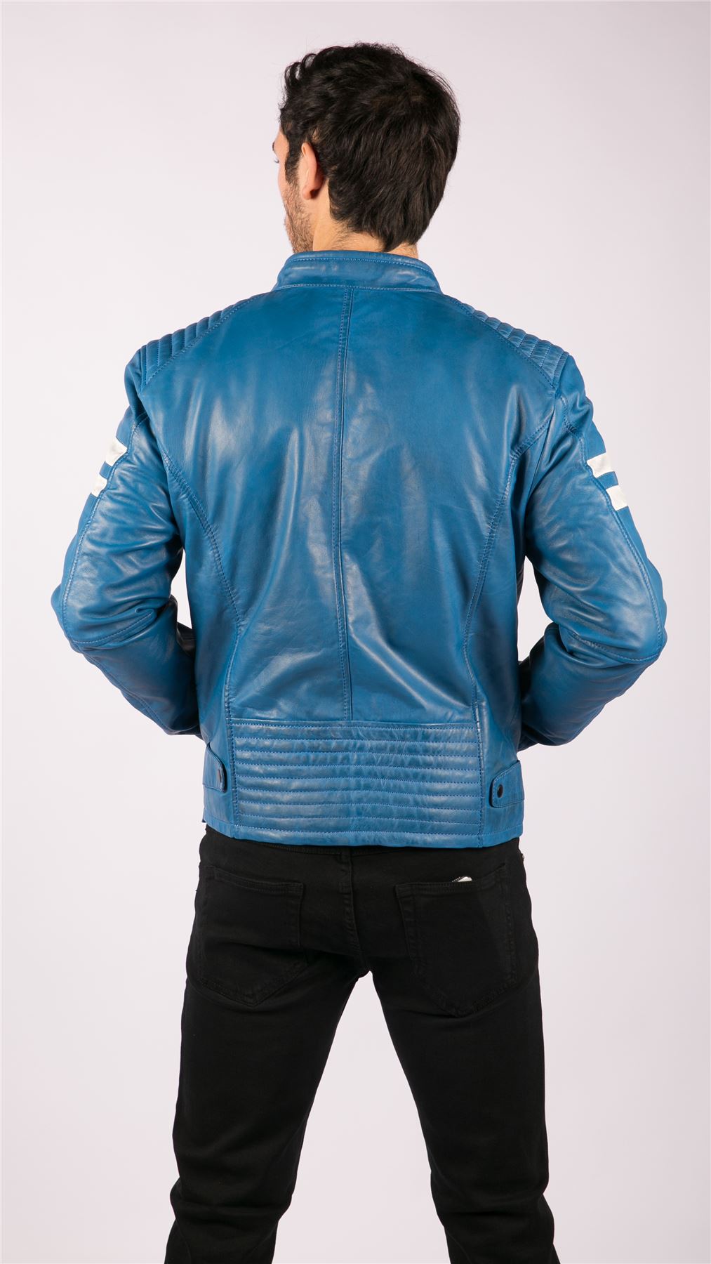 Mens Real Leather Biker Racing Jacket Red Stripes Zip Retro Casual Black Short - Picture 13 of 18