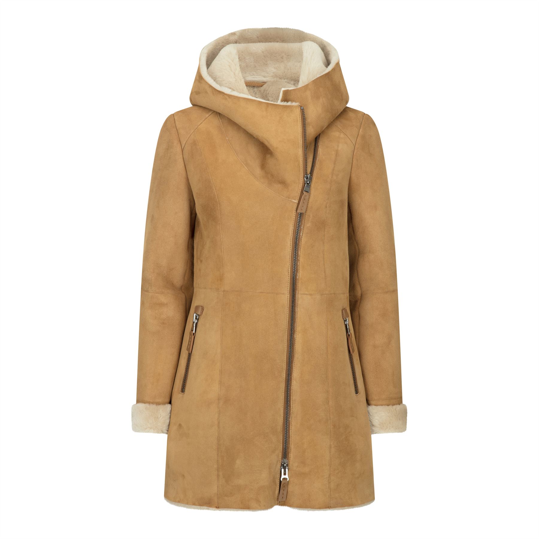 Pre-owned Truclothing Women's Sheepskin Camel Toscana Suede Hood Coat | Infinity