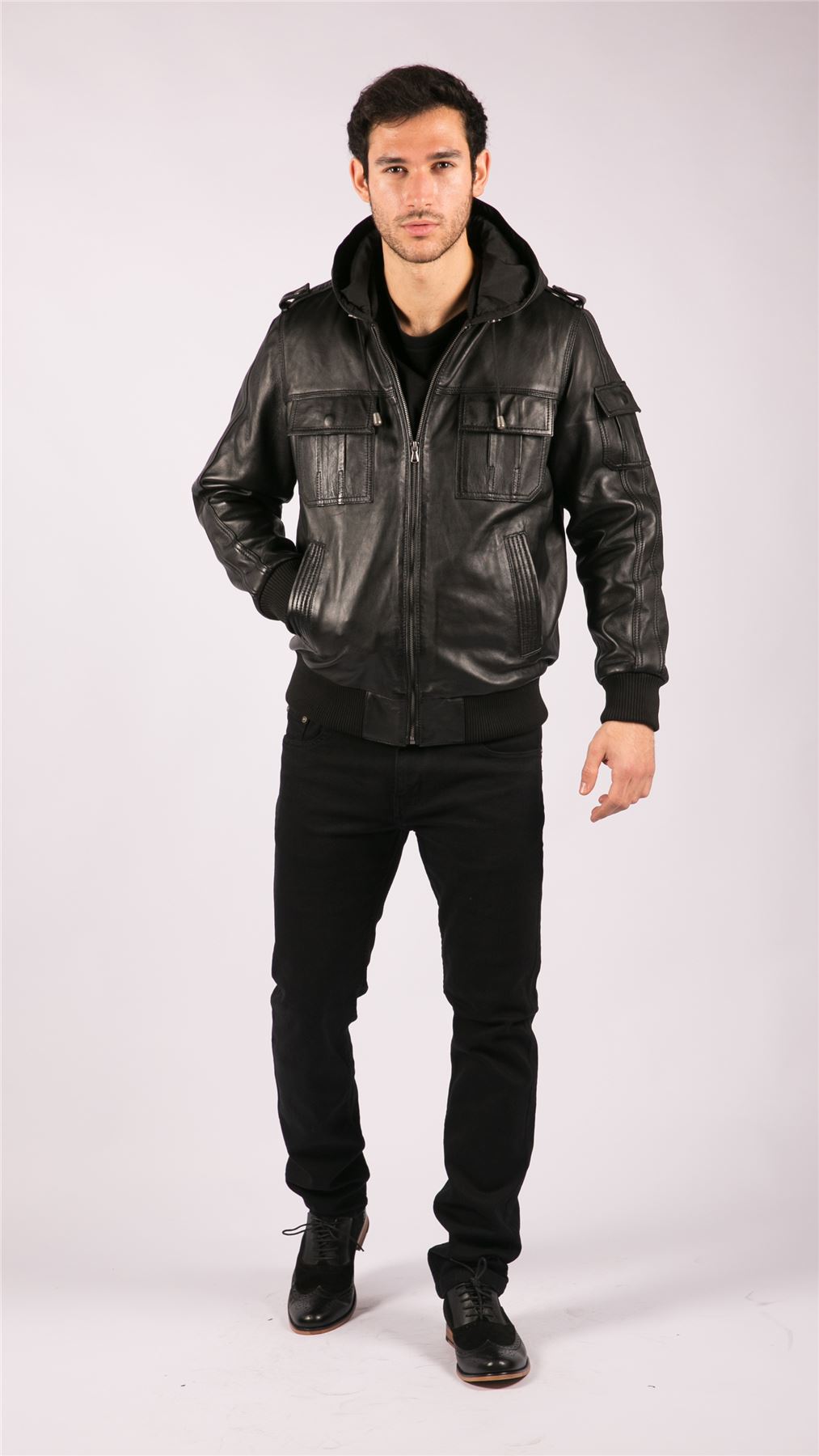 Mens Real Leather Jacket Black Brown Hooded Hood Zip Retro Bomber Casual - Picture 3 of 11