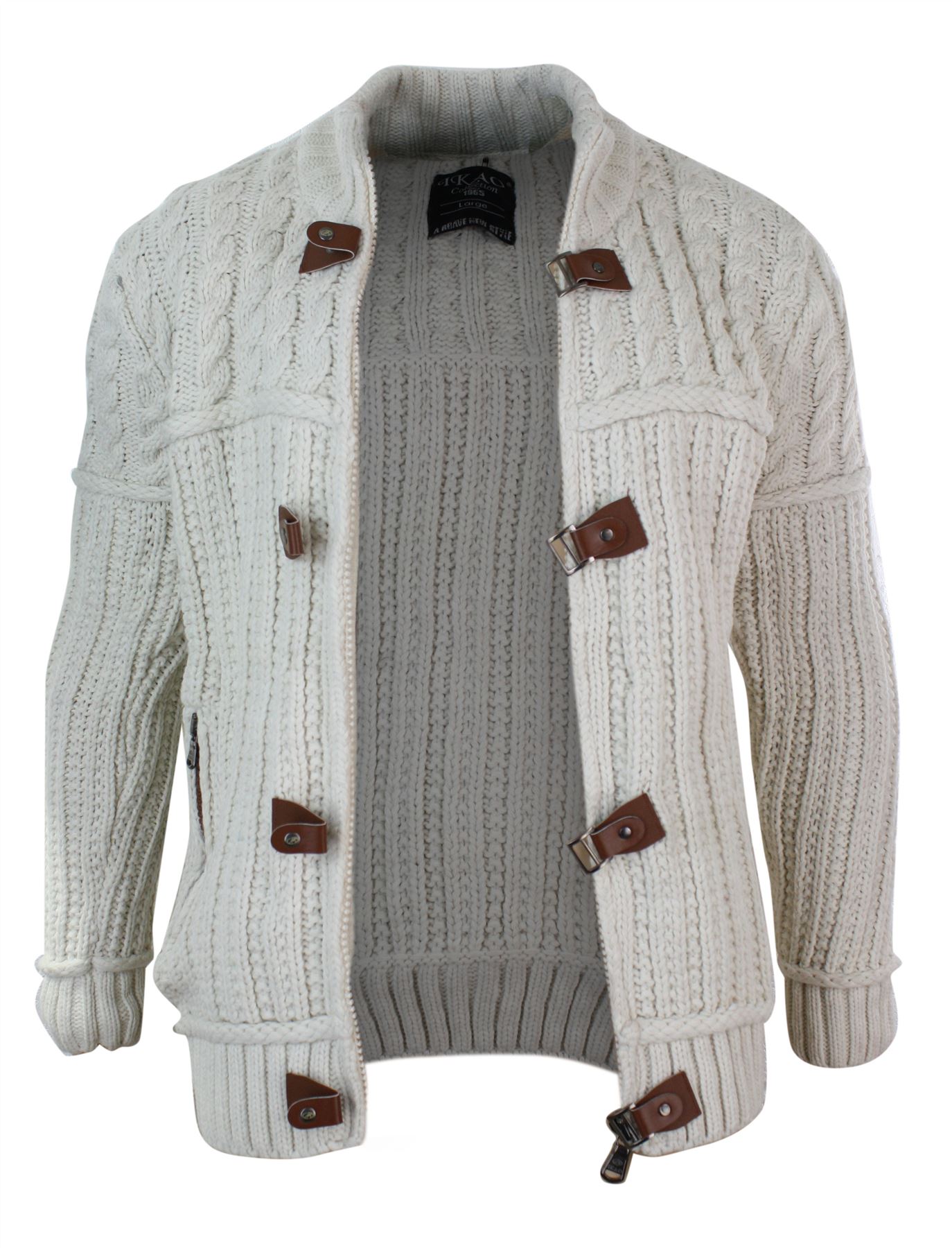 Mens Fitted Zip Toggle Cardigan Jumper Knitted Wool Chunky Warm Smart