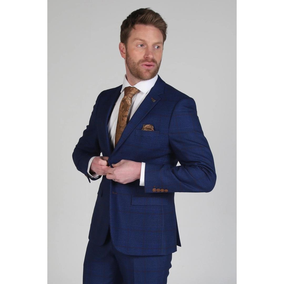 Men's Navy Blue Check Suit Set Blazer Vest Trousers Formal Dress - Picture 3 of 11