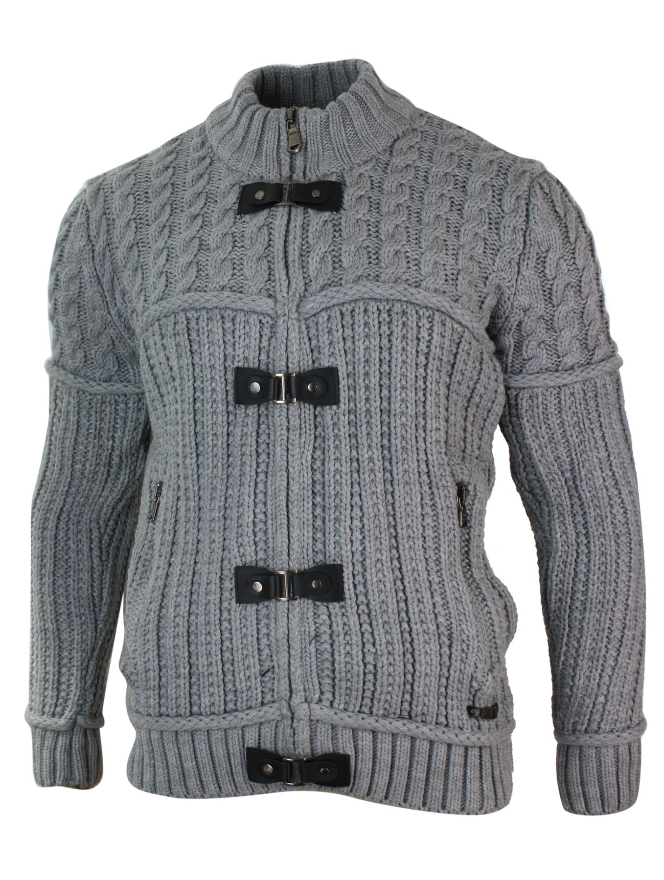 Mens Fitted Zip Toggle Cardigan Jumper Knitted Wool Chunky Warm Smart