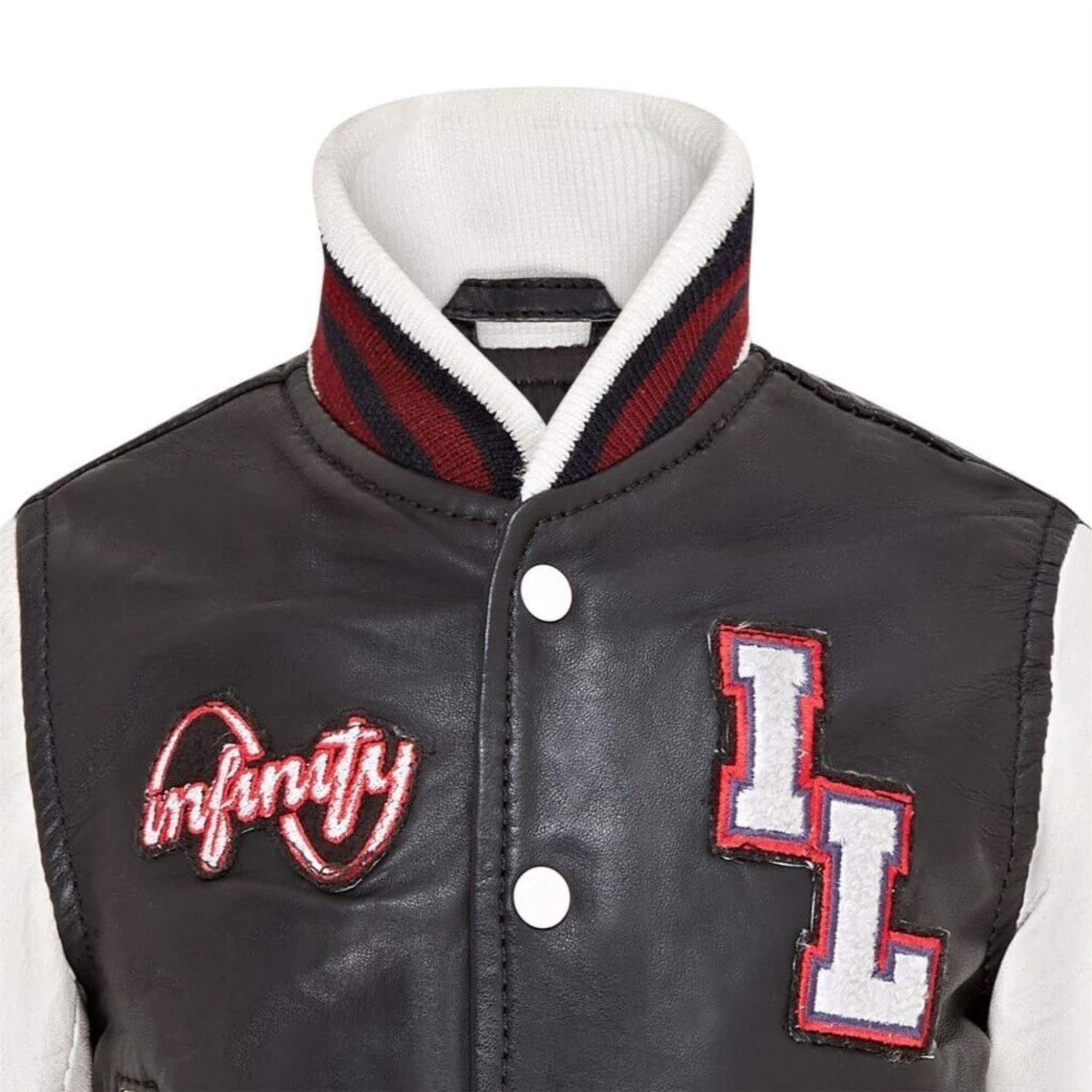 Kids Black Leather Letterman Bomber Jacket - Picture 7 of 8