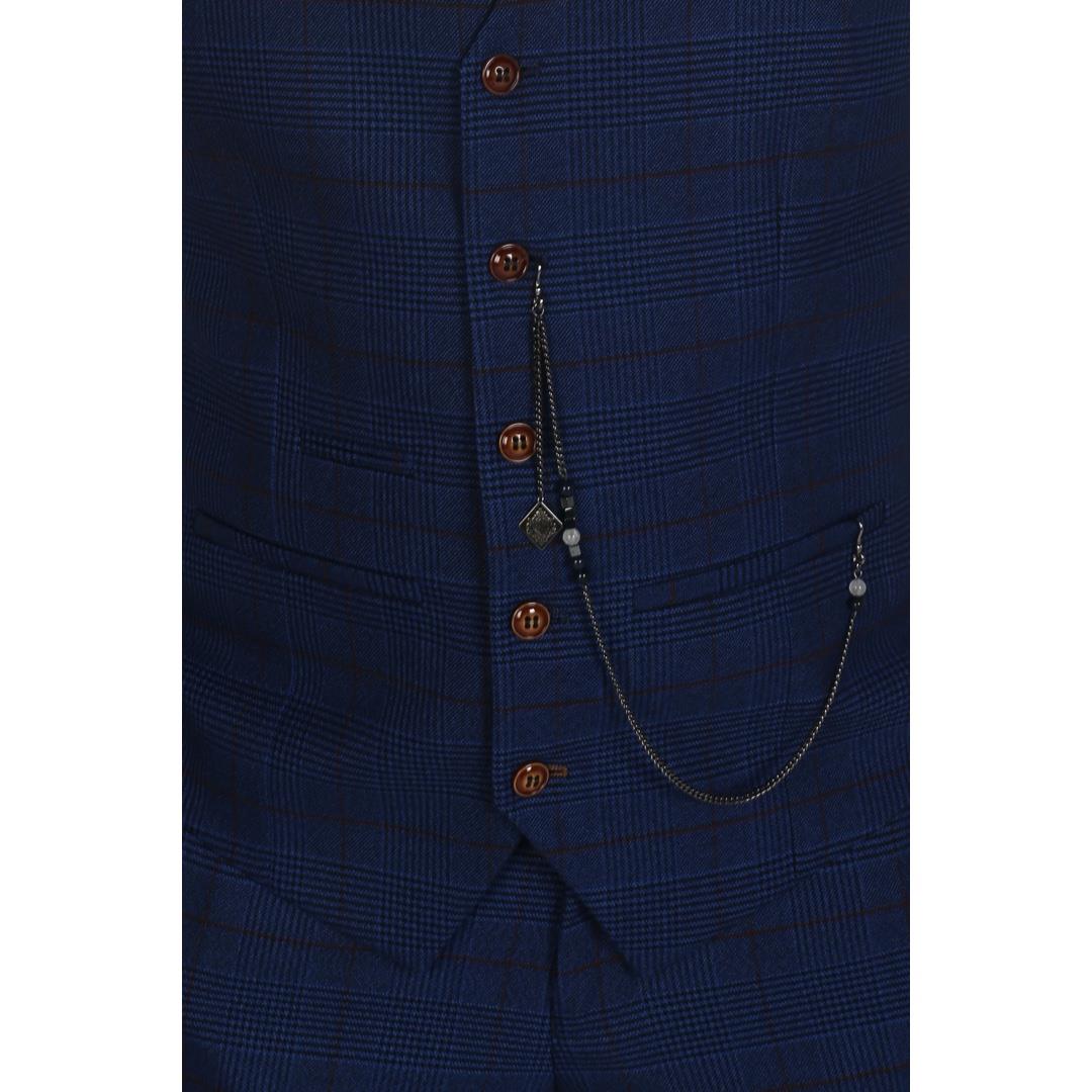 Men's Navy Blue Check Suit Set Blazer Vest Trousers Formal Dress - Picture 11 of 11