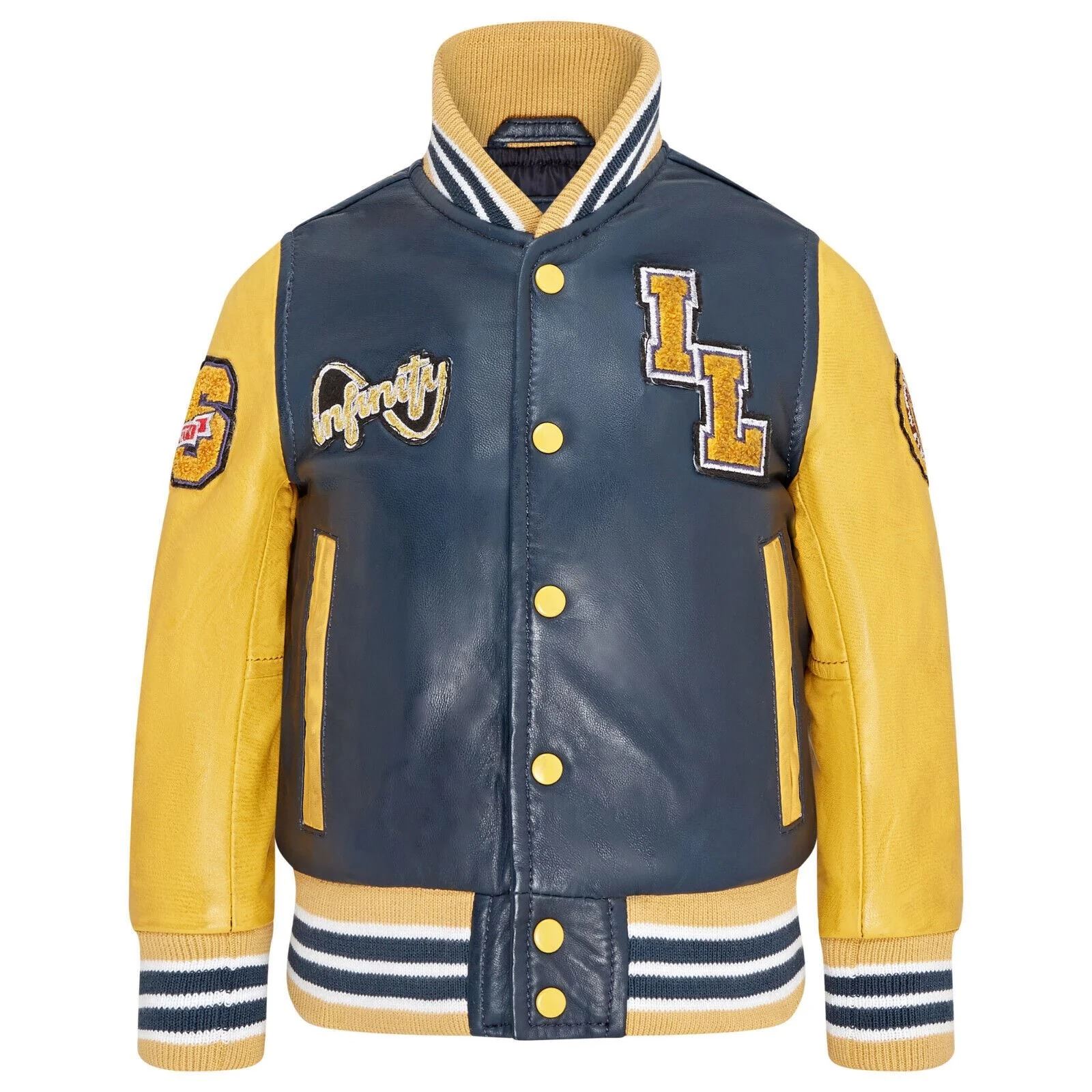 Kids Navy Blue Leather Letterman Bomber Jacket - Picture 5 of 8