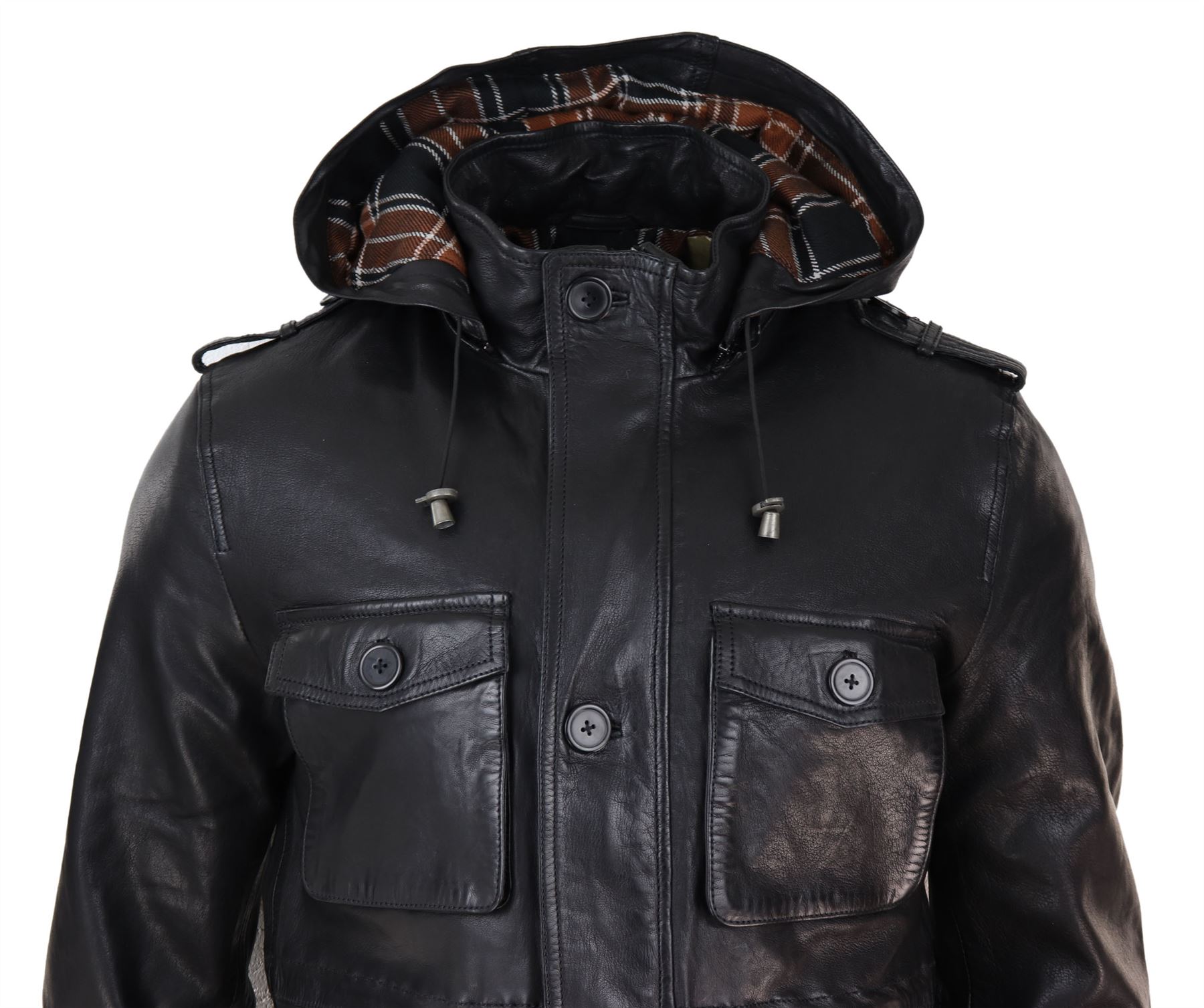 Mens coat 3/4 length real leather military style duffle hood | eBay