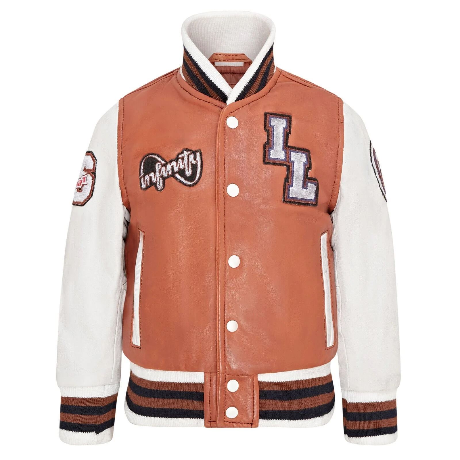 Kids Tan Brown Leather Letterman Bomber Jacket - Picture 5 of 8