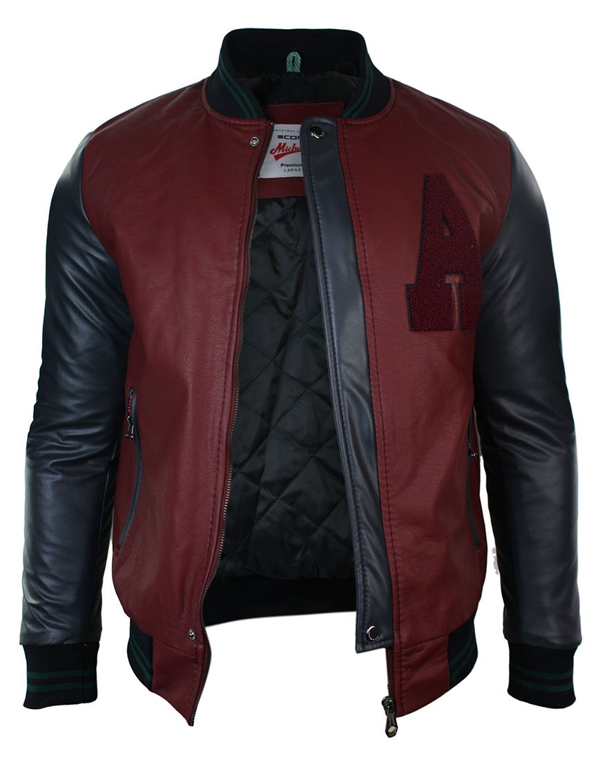 Mens Baseball Varsity Jacket Bomber PU Leather A Design Brown Navy