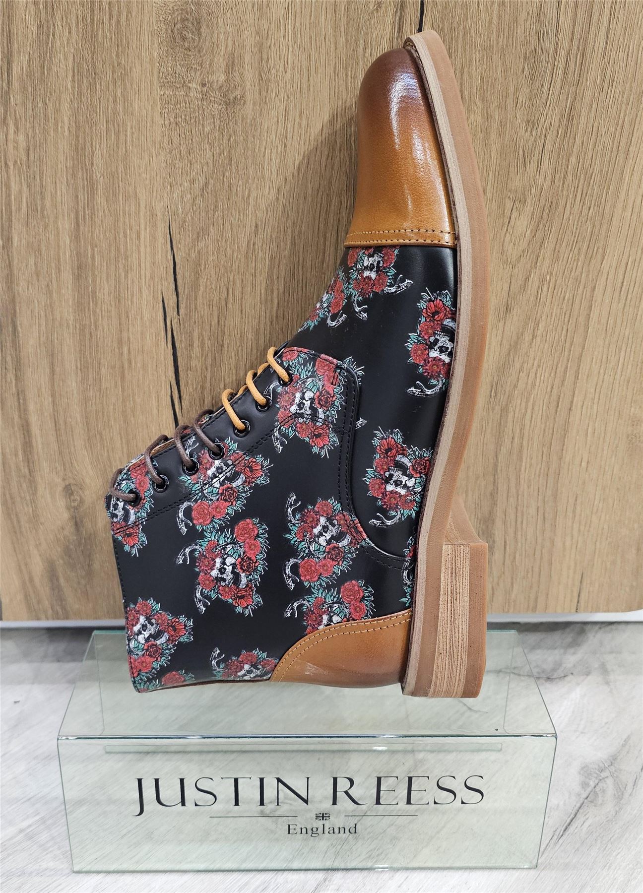 Justin Rees Adam Mens Floral Tapestry Leather Lace Up Boots Tan Black Gold 40‎ Men main image 3