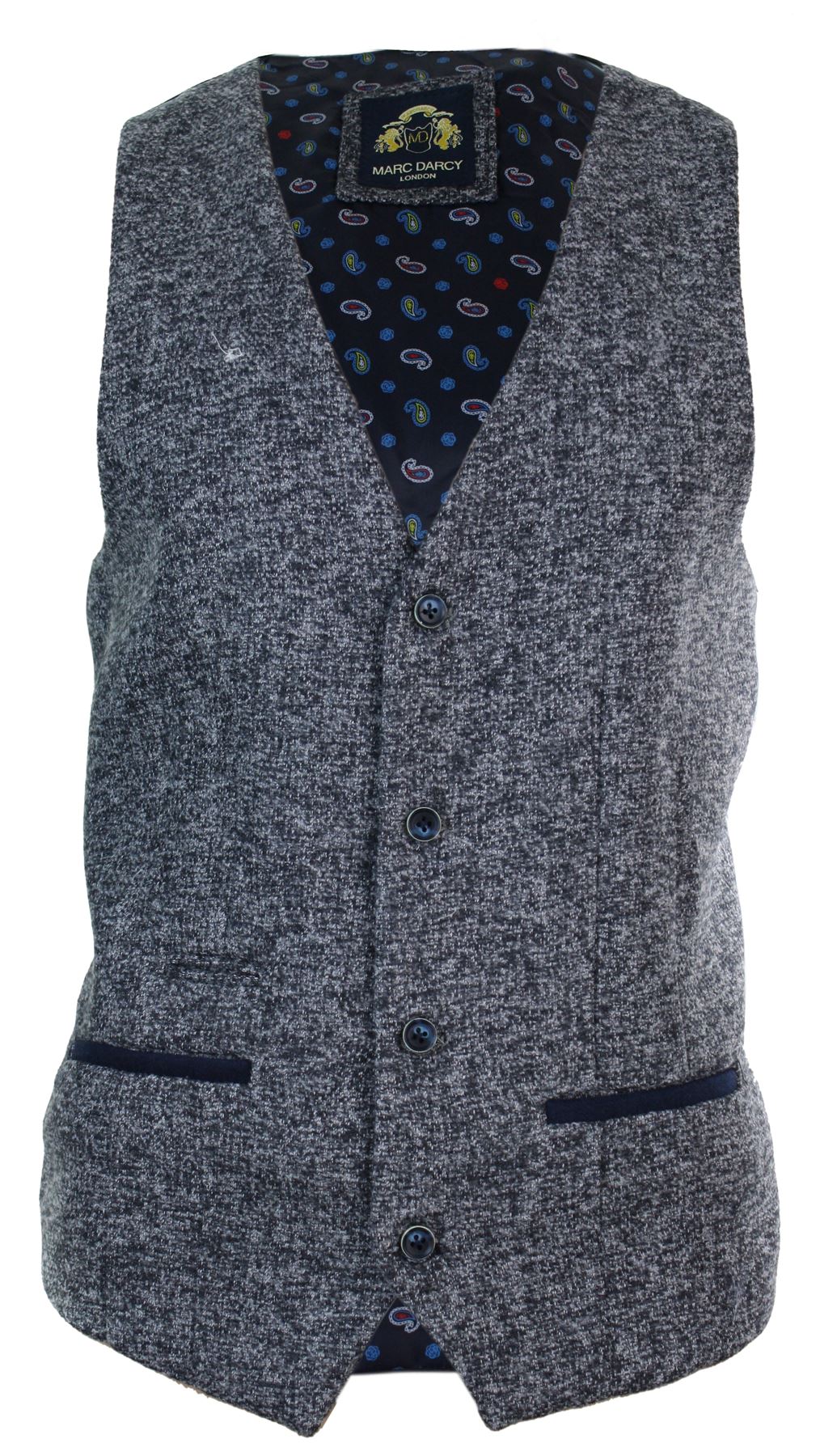Mens Grey Blue Herringbone Tweed Slim Fit Chunky Waistcoat Blazer