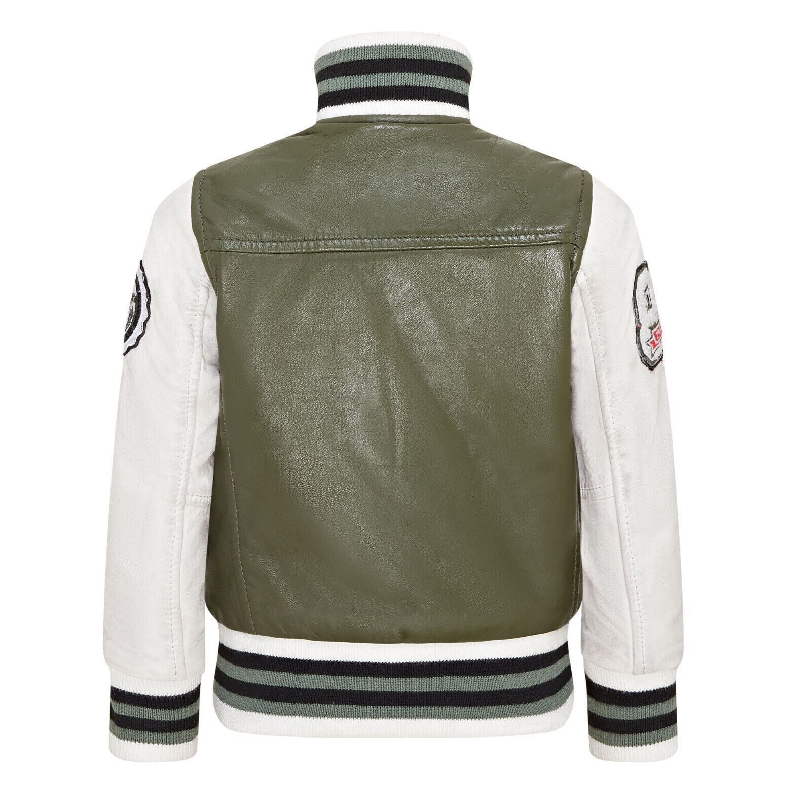 Kids Olive Green Leather Letterman Bomber Jacket - Picture 8 of 8