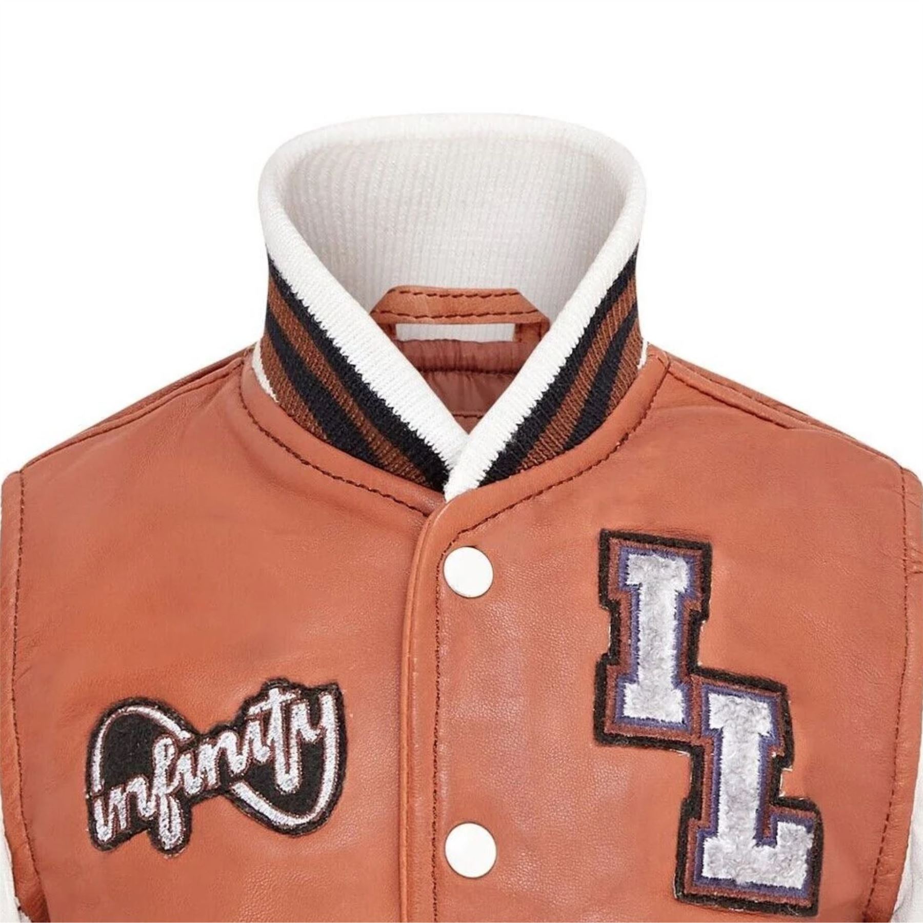 Kids Tan Brown Leather Letterman Bomber Jacket - Picture 7 of 8