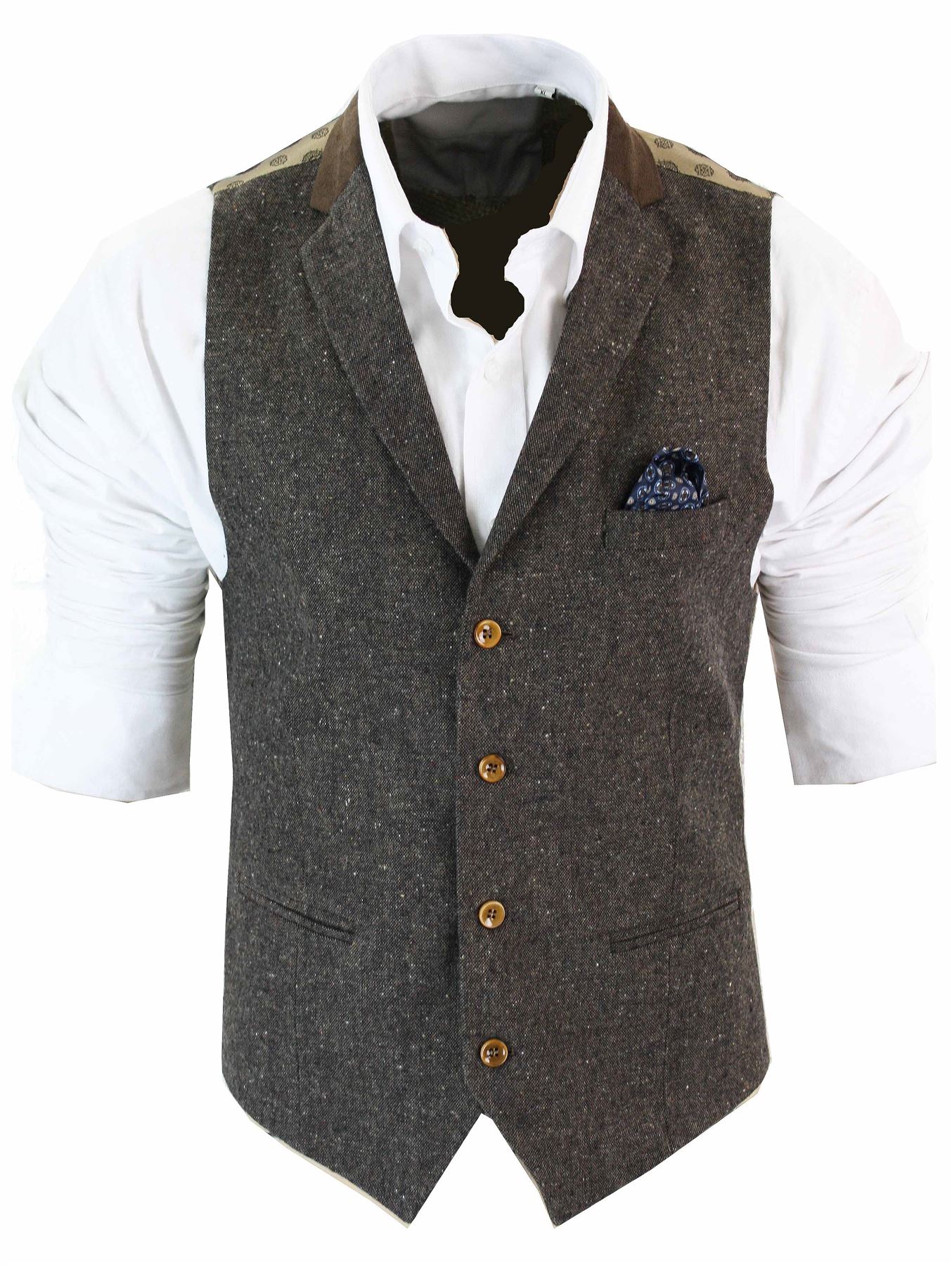 Mens Vintage Tweed Waistcoat Herringbone Brown Cream Black Grey Slim