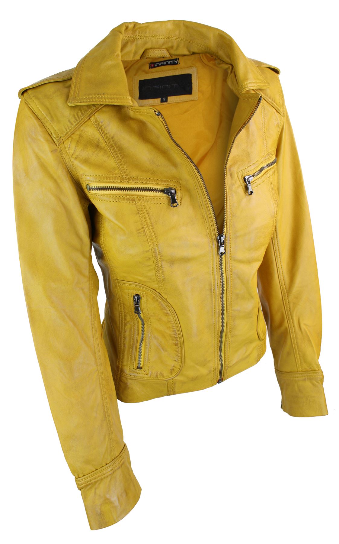 Ladies Real Leather Yellow Biker Style Fashion Jacket Size UK 6-18
