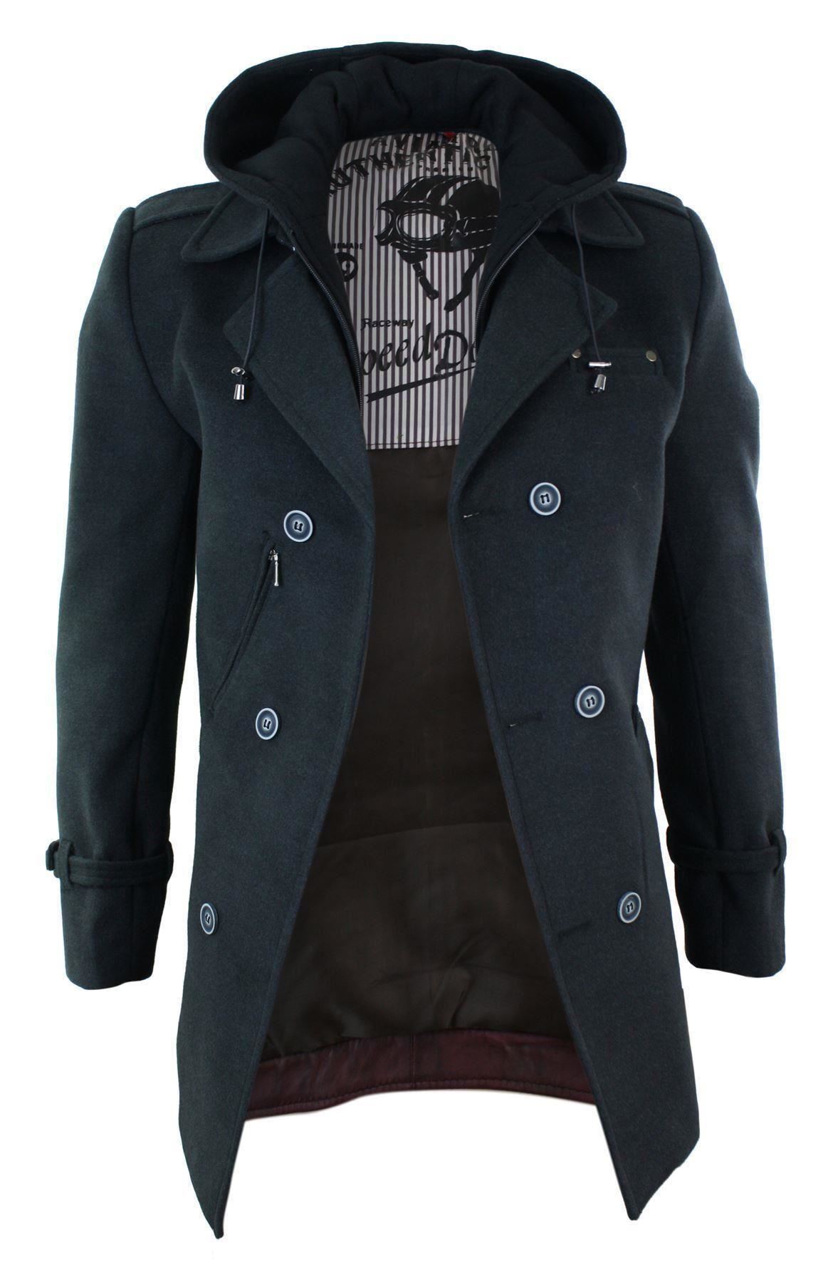 Mens Slim Fit Wool 3/4 Double Breasted Sailor Overcoat Jacket Removable