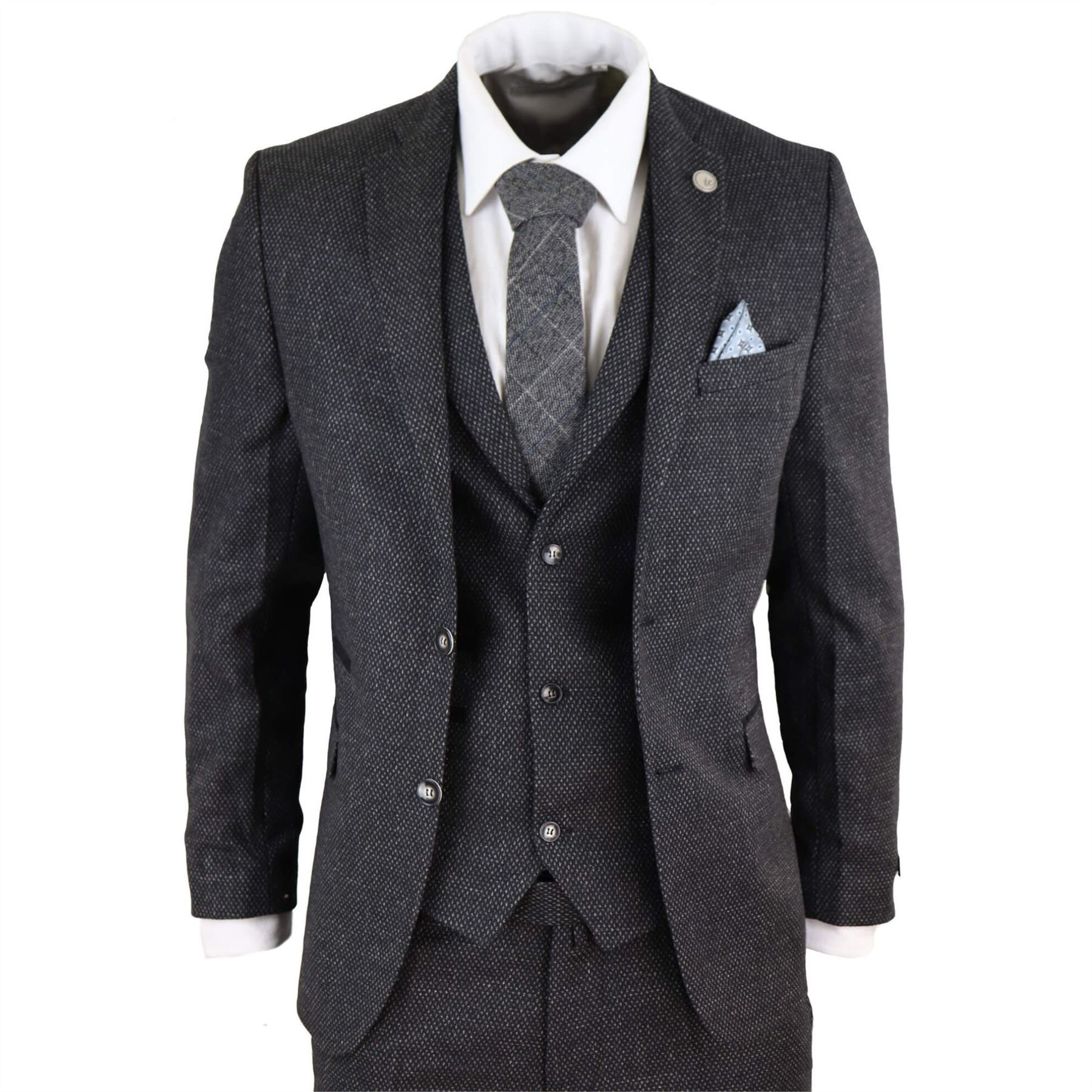 Pre-owned Truclothing Mens Wool 3 Piece Suit Tweed Charcoal Black Tailored Fit Classic