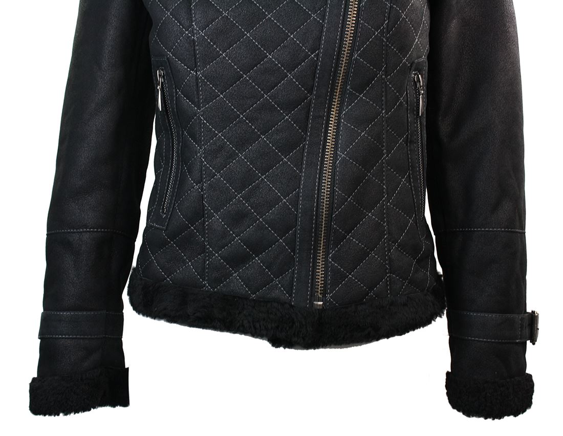 Col Cuir Zip En Veste Femme Fourrure Et D'hiver Noire Brassards ZXuwOkilPT
