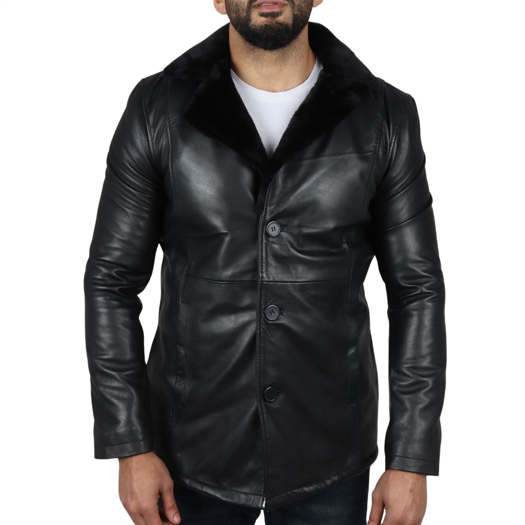 Pre-owned Truclothing Men's Real Leather Fur Lining Coat In Black