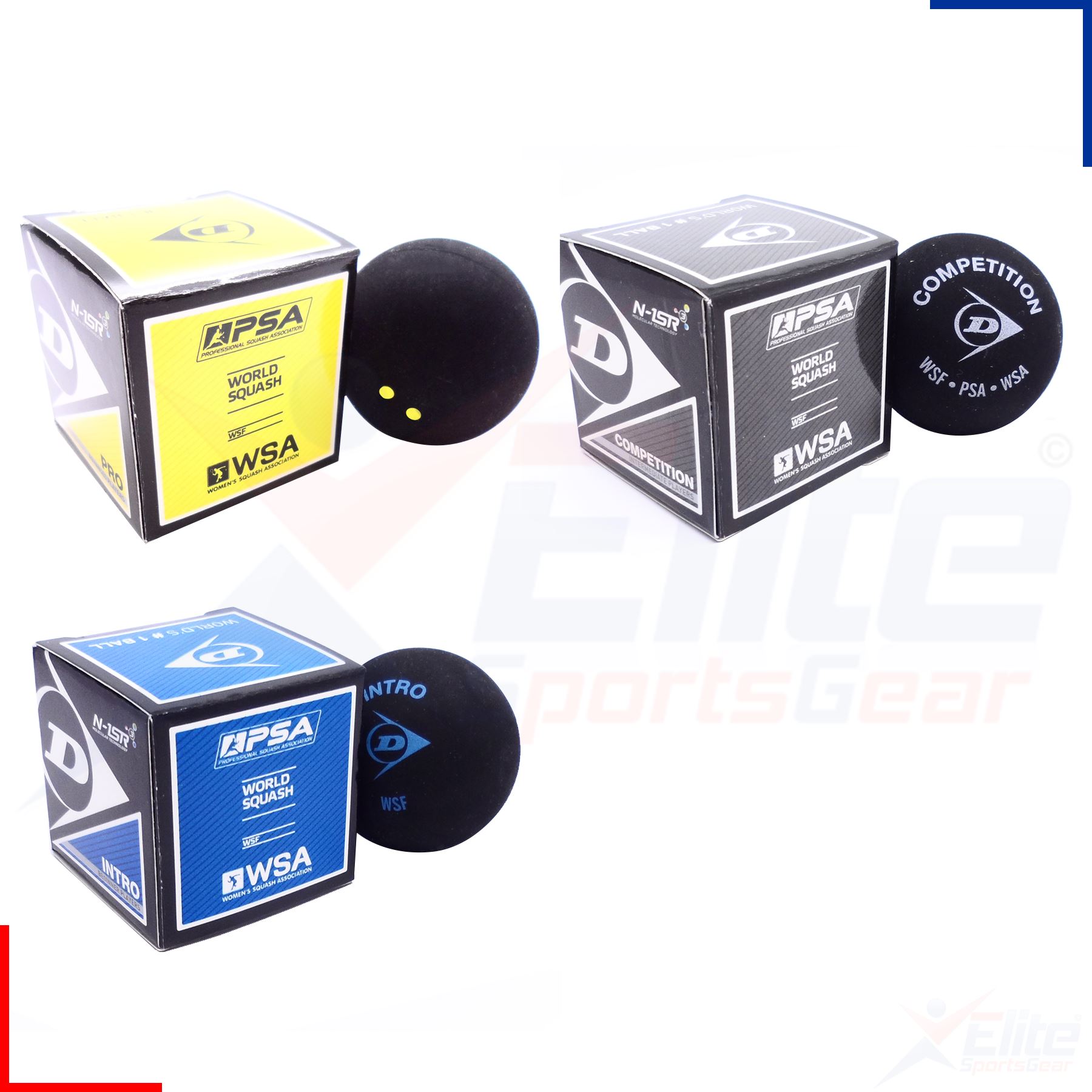 Dunlop Pro Squash Balls Double Dot Yellow, Intro Blue, Red Progress, Competition - Picture 11 of 14