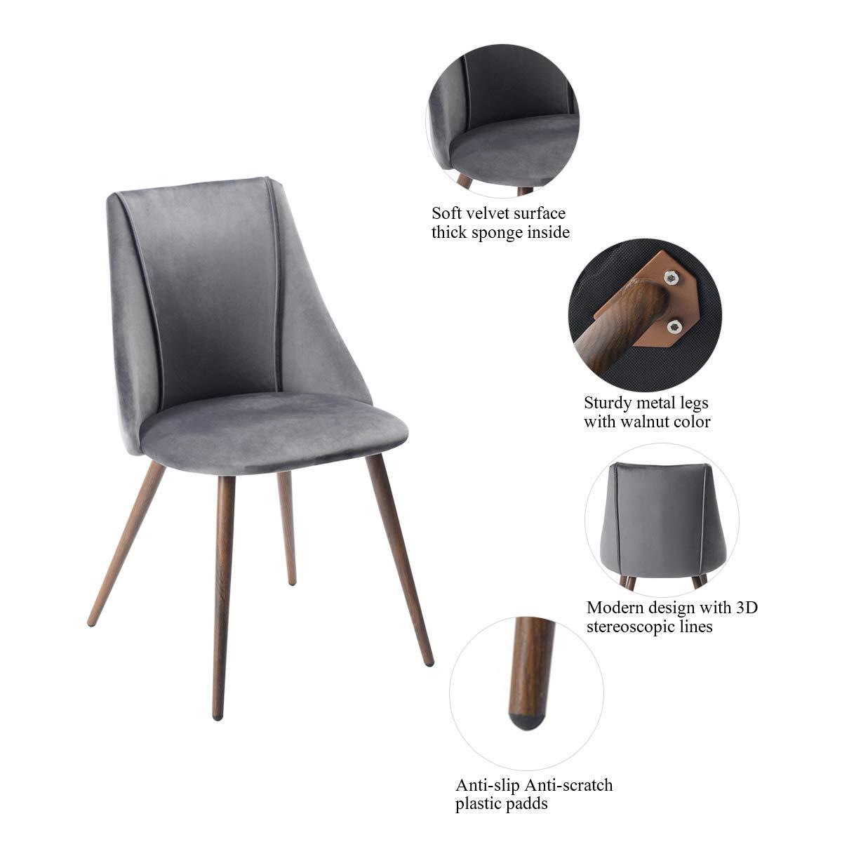 2Pcs Lule Velvet Dining Chairs with Walnut Legs Green/Grey Home Kitchen