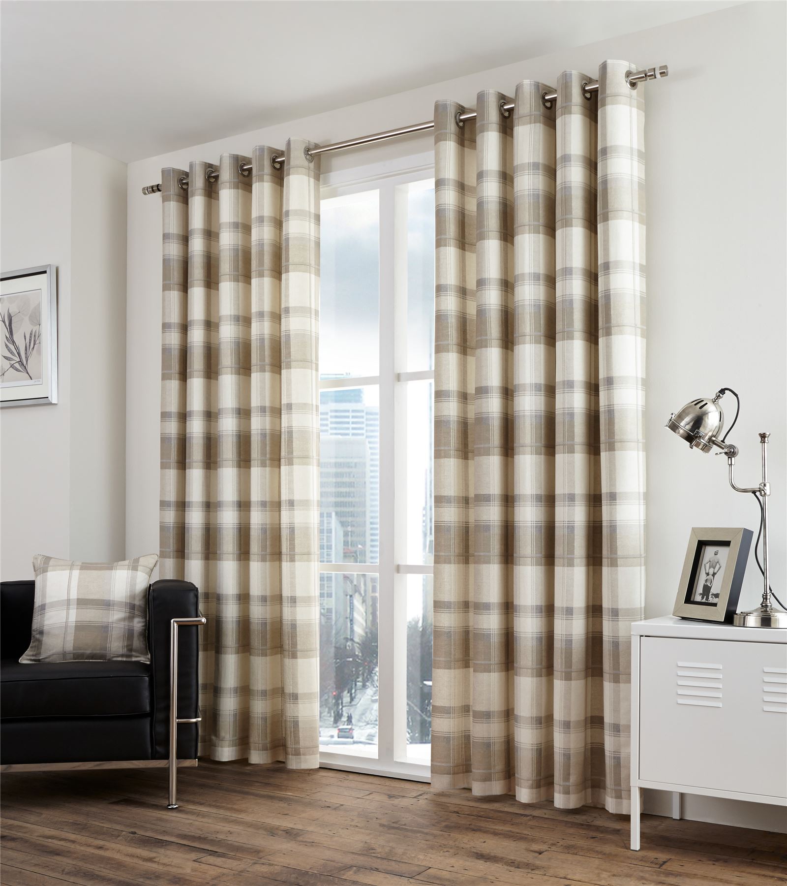 Plaid Check Cream Beige Lined 100 Cotton Anneau Top Curtains 7