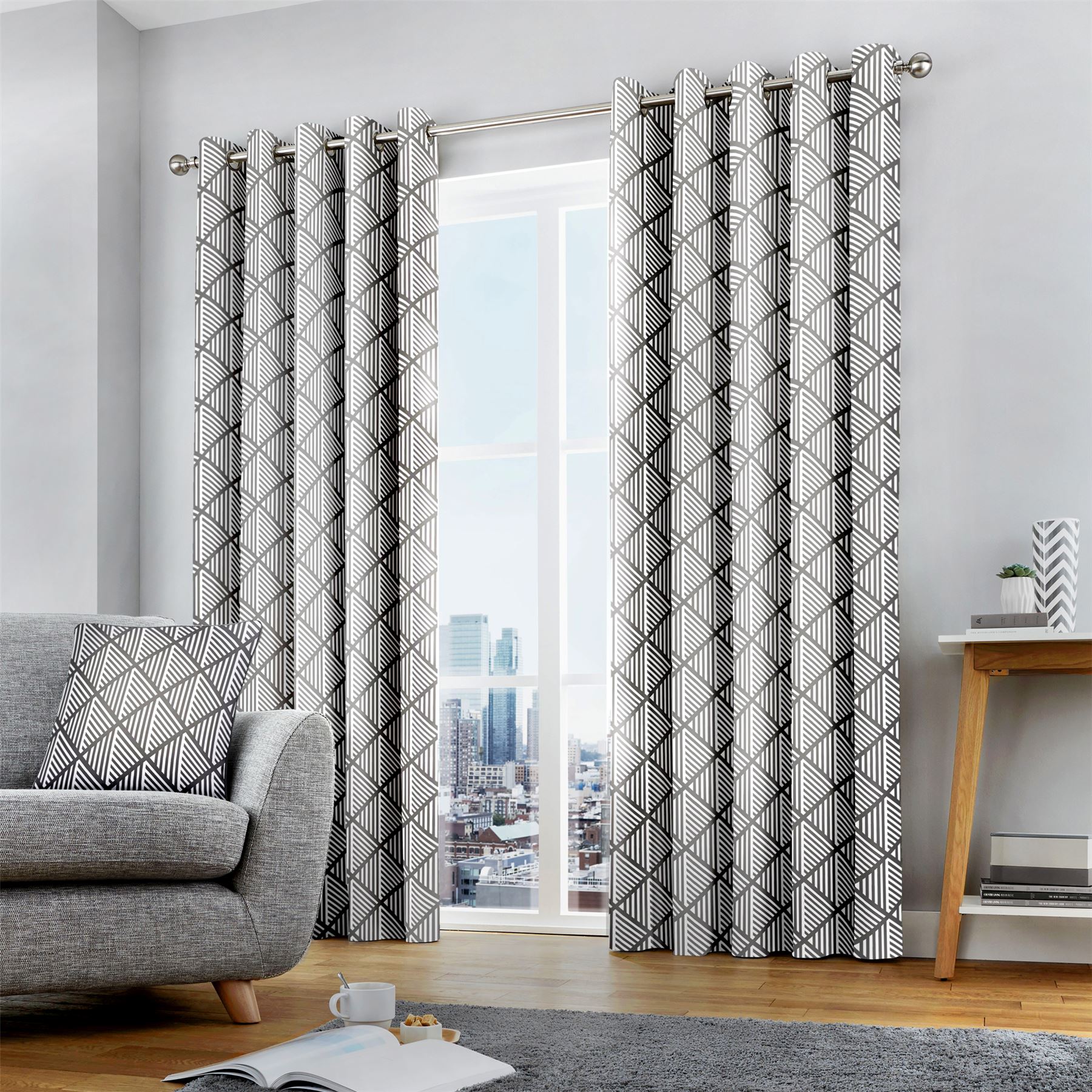 Details About Geometric Diamonds Lines Grey White Fully Lined Ring Top Curtains 7 Sizes