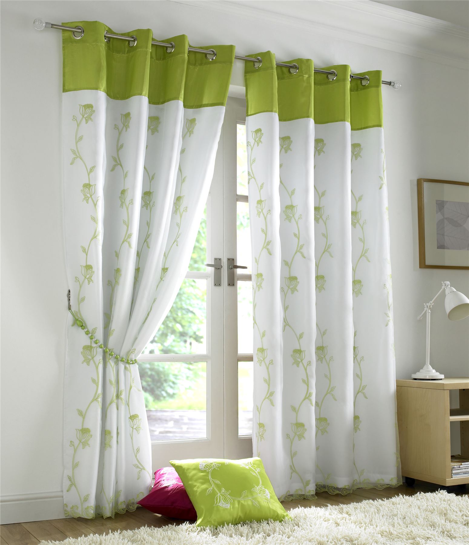 Lime Green White Floral Rose Trail Lined Voile Ring Top Curtains 3 Sizes Ebay