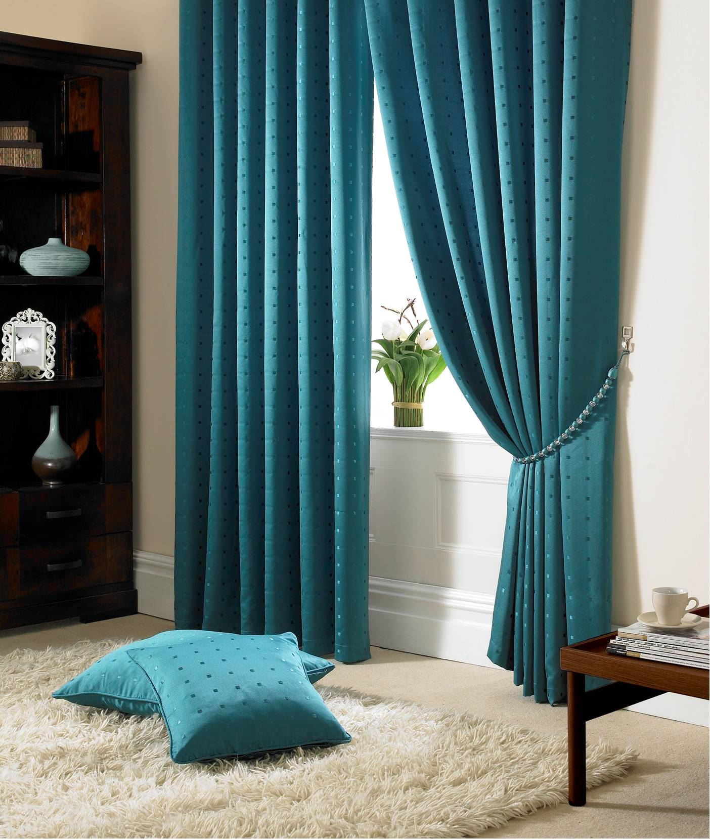Jacquard Check Teal Lined Pencil Pleat Curtains Drapes 9 Sizes