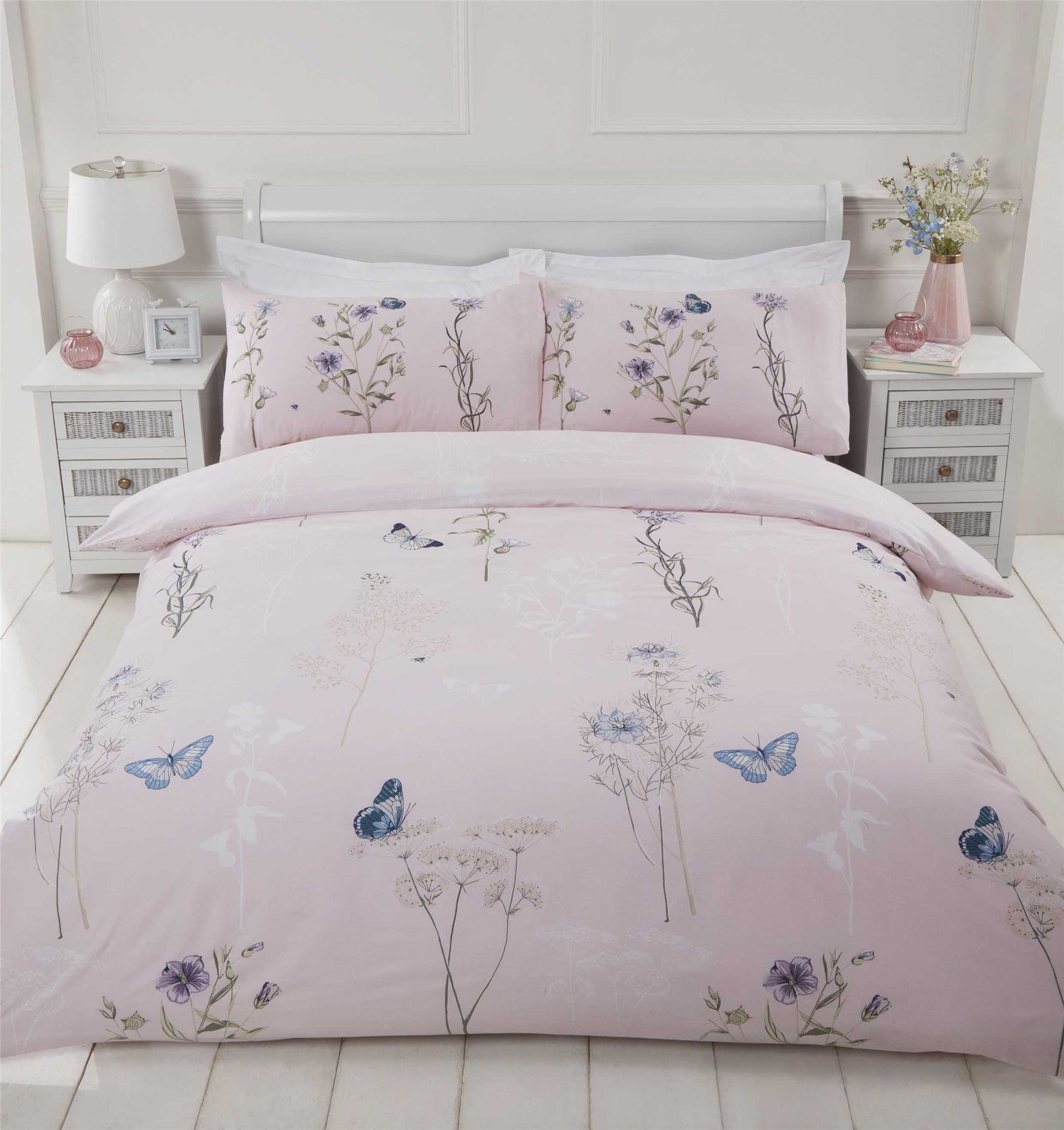 FLORAL FLOWERS BUTTERFLIES BLUSH PINK COTTON BLEND KING SIZE DUVET