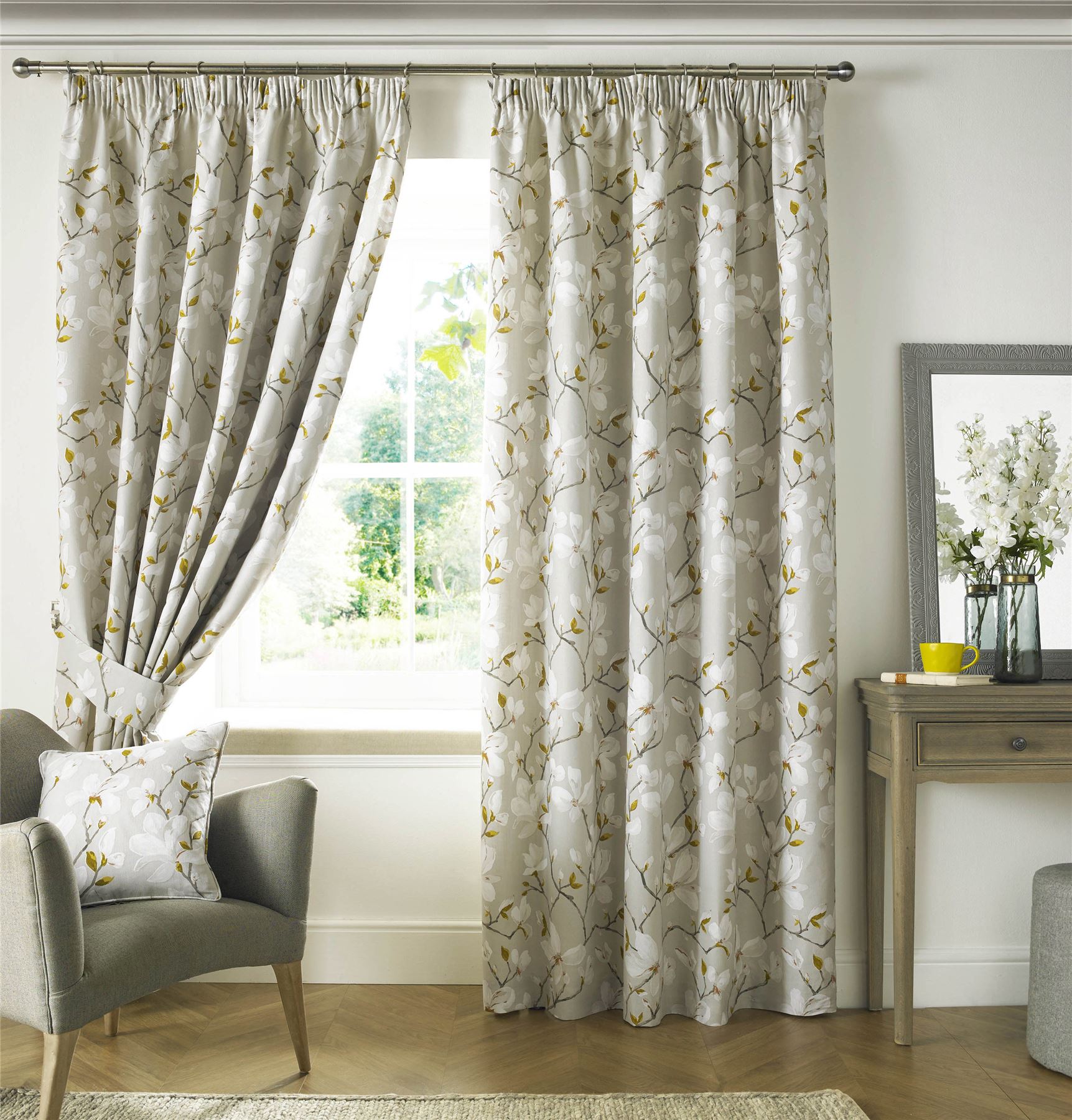 Trailing Floral Flowers Dijon Yellow White Lined Pencil Pleat