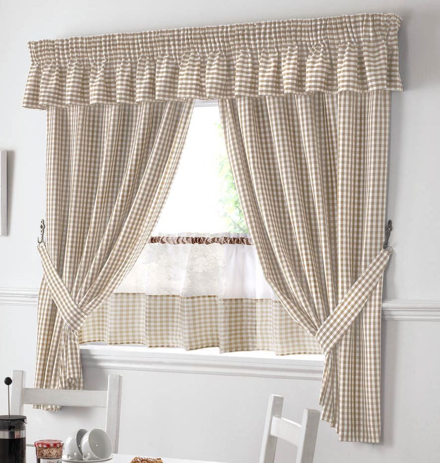 BEIGE AND WHITE GINGHAM KITCHEN CURTAINS PELMET & 18” CAFE PANEL *3