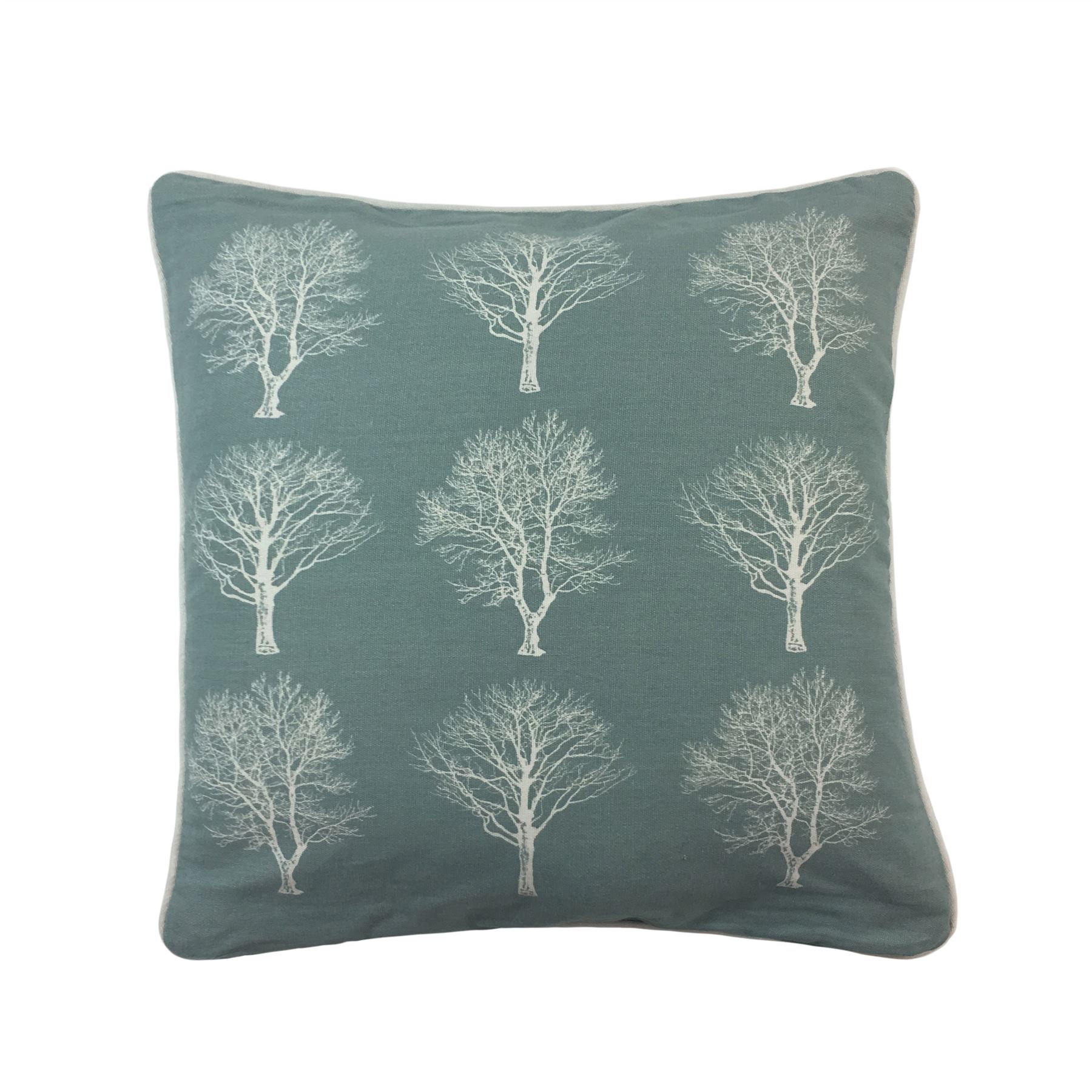 FOREST TREES DUCK EGG BLUE WHITE 100 COTTON PIPED CUSHION COVER 17