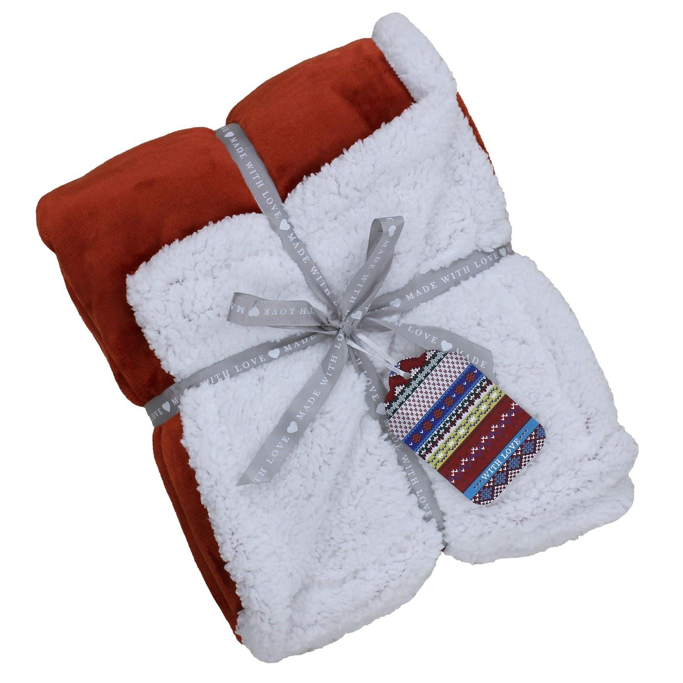 PLAIN BURNT ORANGE WHITE FLEECE SHERPA THROW BLANKET 127CM ...