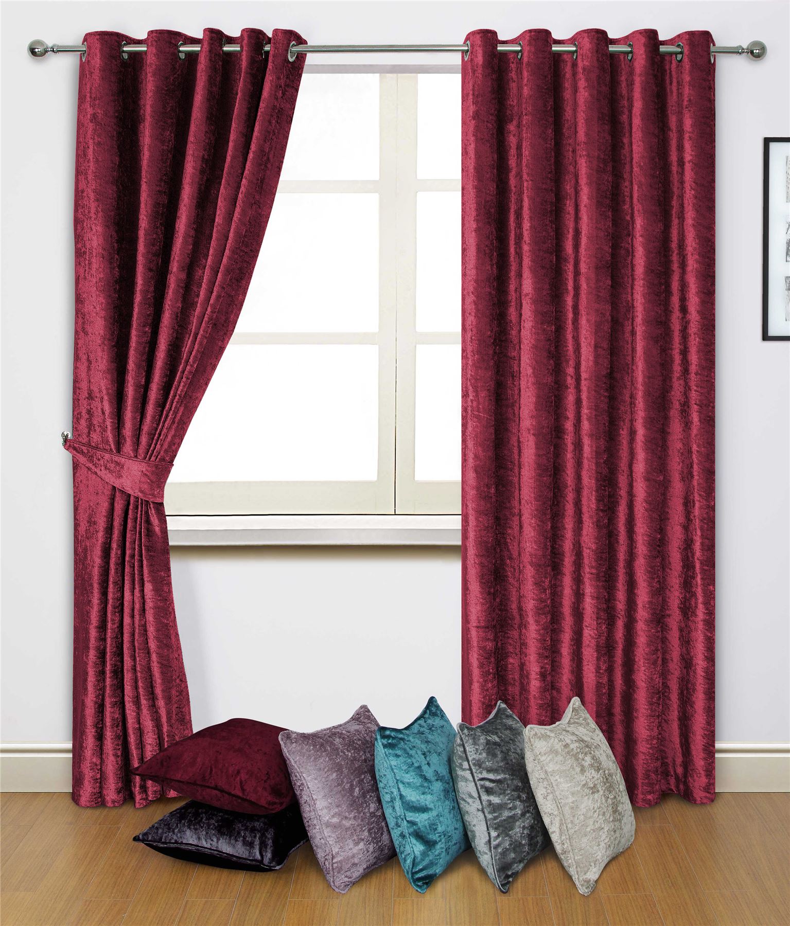 Crushed Velvet Red Ring Top Curtains 8 Sizes 4 X 17 Cushion