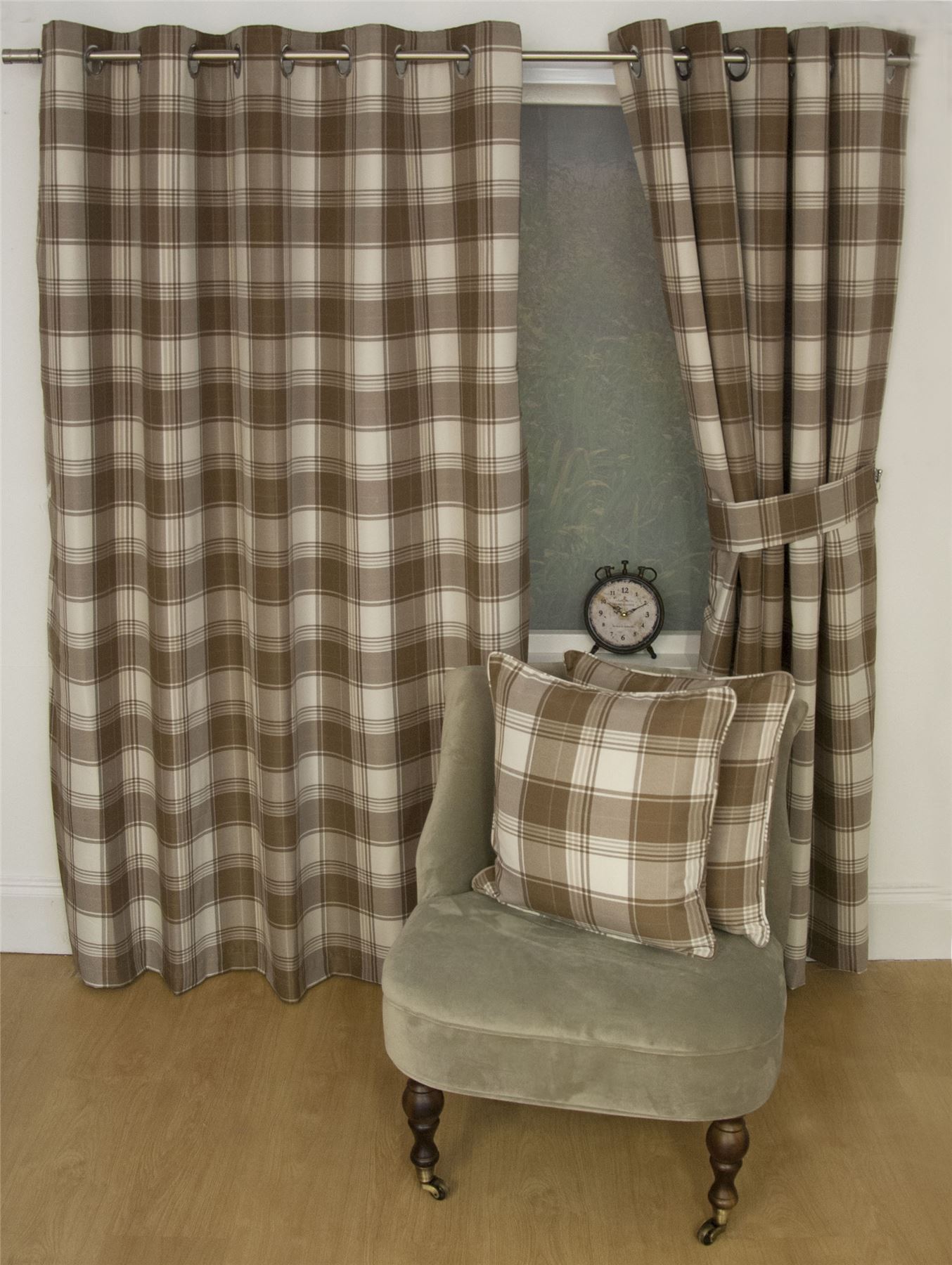 Jacquard Tartan Check Brown Lined Ring Top Curtains Drapes 9