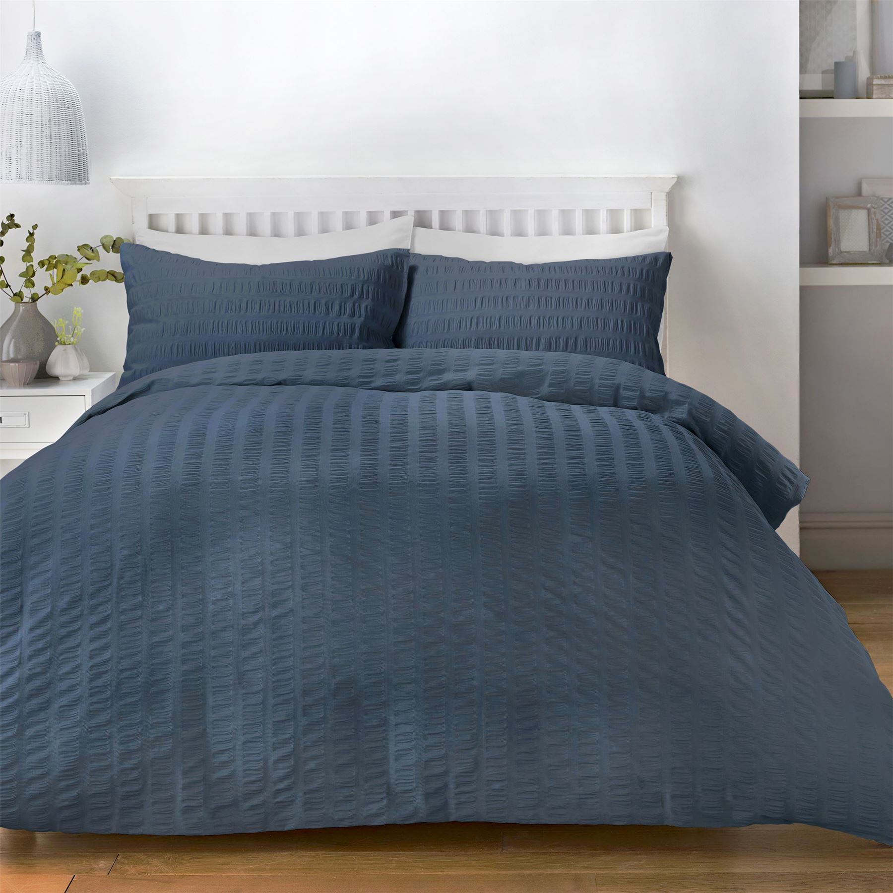RUCHED PINTUCK STRIPES DENIM BLUE COTTON BLEND DOUBLE DUVET COVER