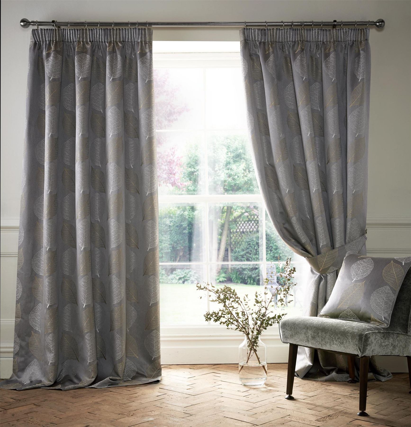 Jacquard Leaf Leaves Grey Silver Gold Lined Pencil Pleat Curtains