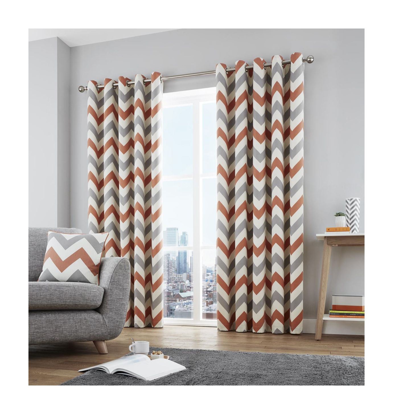 Zig Zag Chevron Orange Grey Cream Fully Lined Anneau Top Curtains