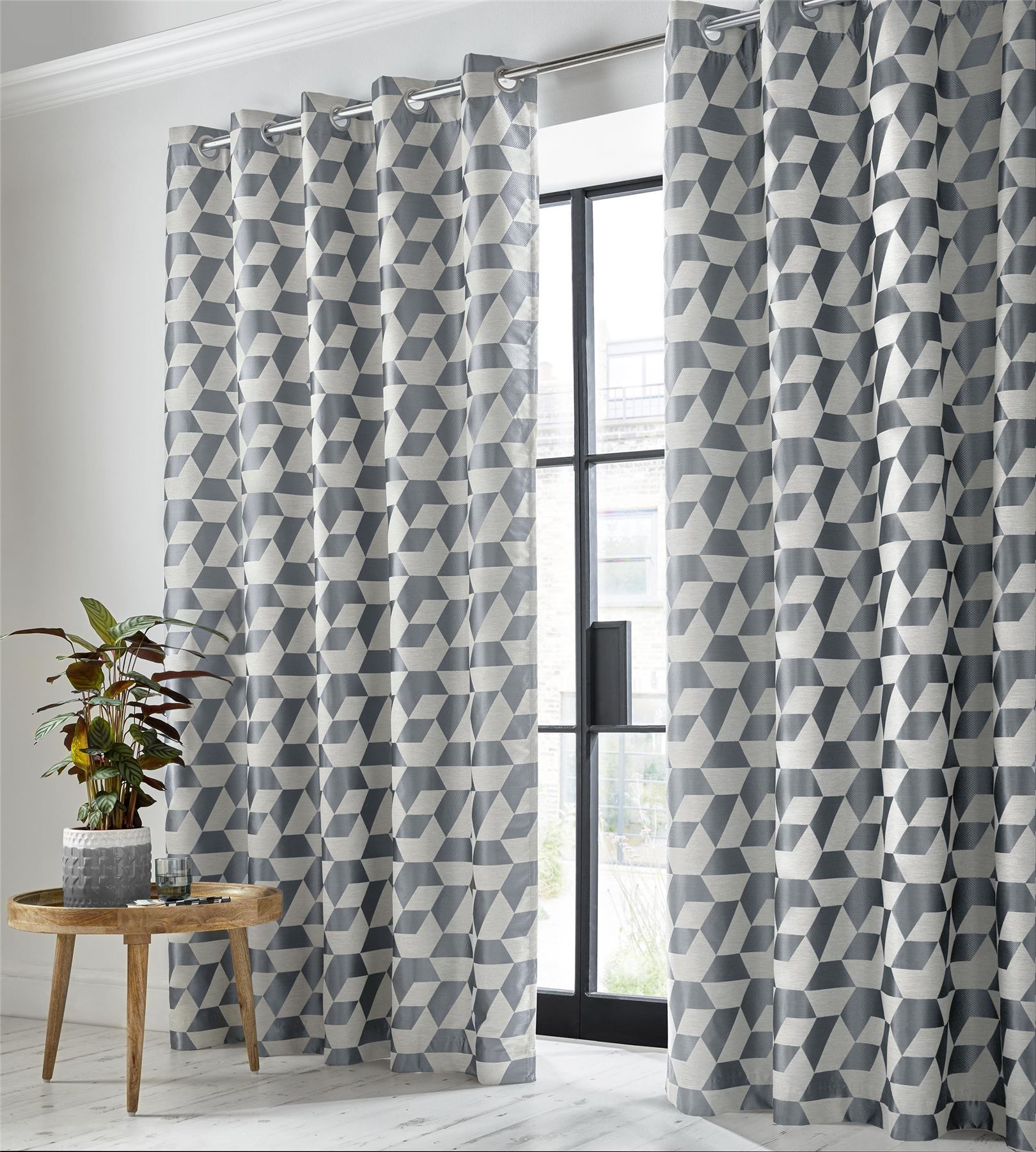 Geometric 3 Pass Blackout Steel Grey Anneau Top Curtains 9 Sizes