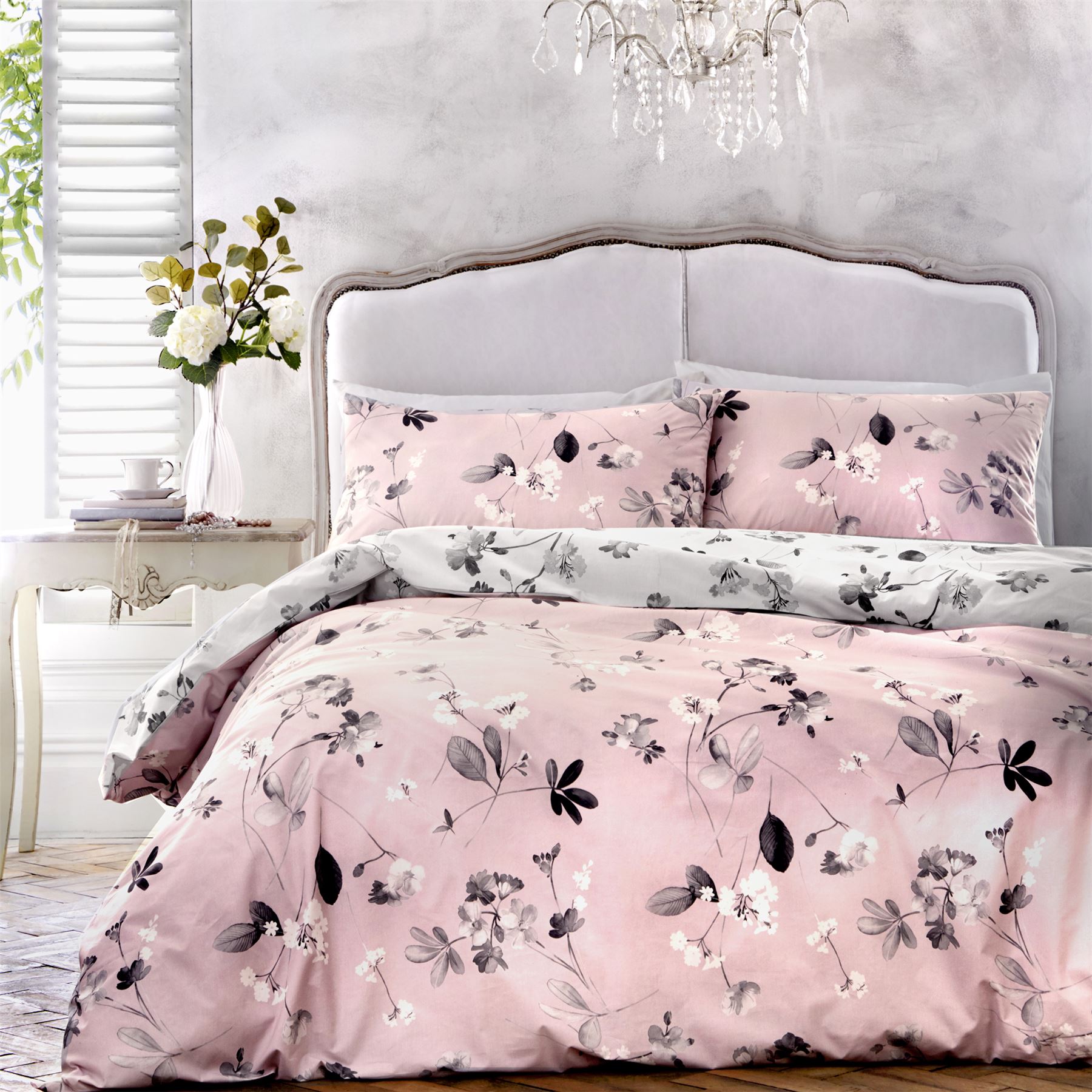HAND PAINTED STYLE FLORAL FLOWERS PINK COTTON BLEND DOUBLE DUVET COVER