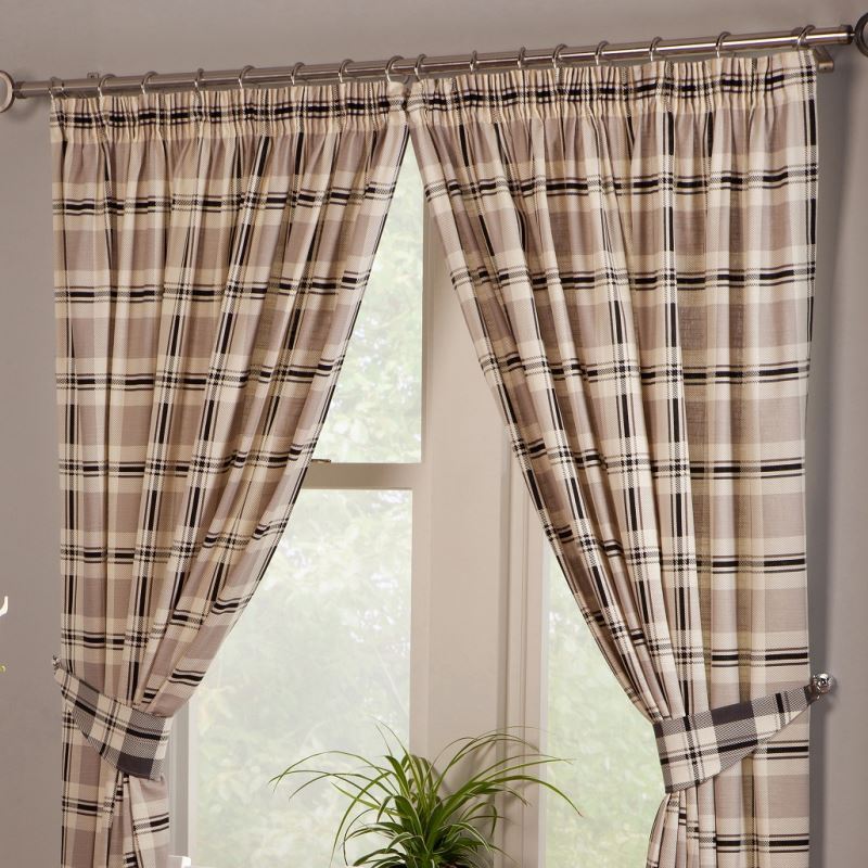 Tartan Check Grey Cream Cotton Kitchen Pencil Pleat Curtains 46x42