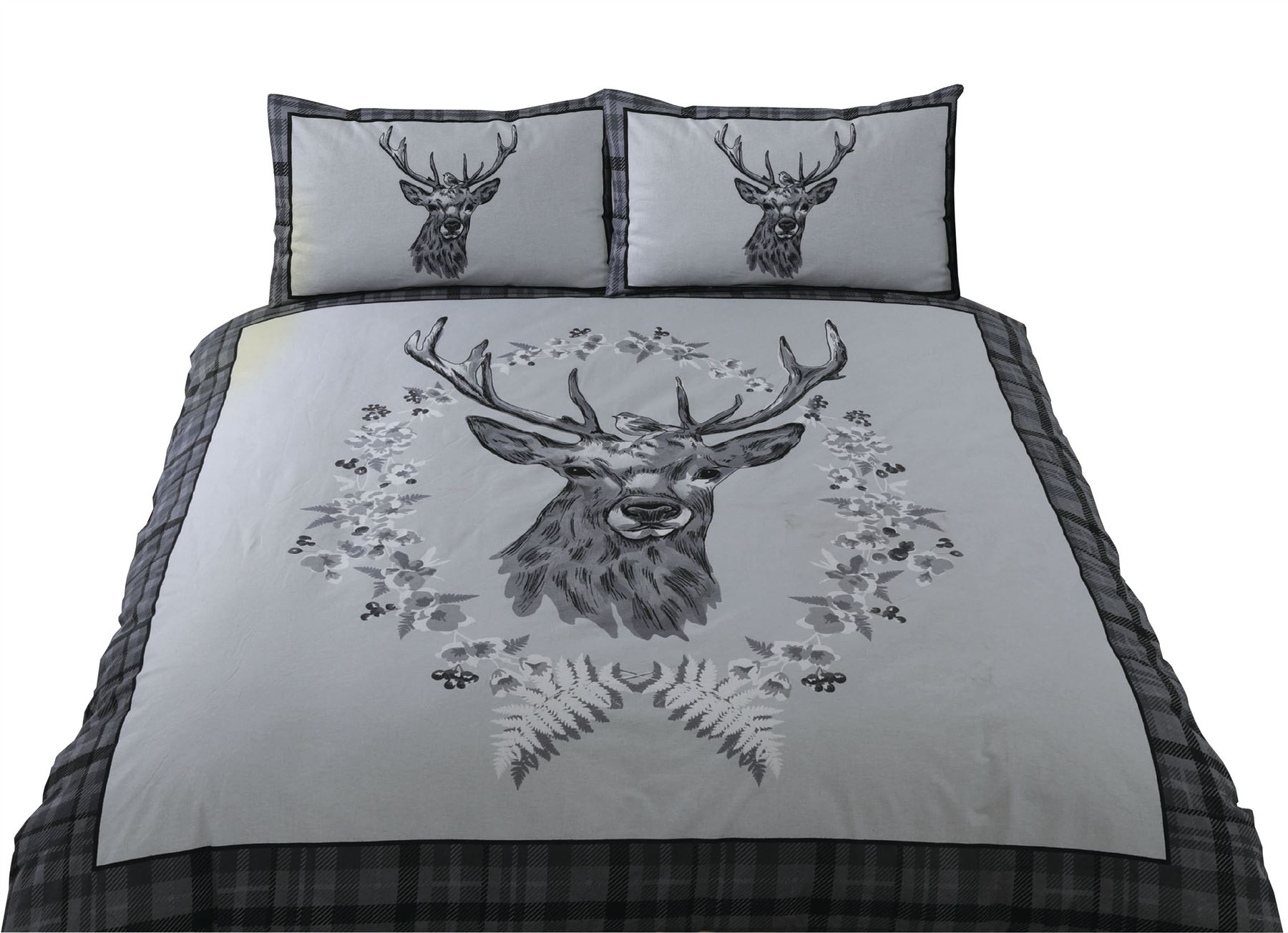 Deer christmas tartan grey 100/% brushed cotton king size 4 piece bedding set