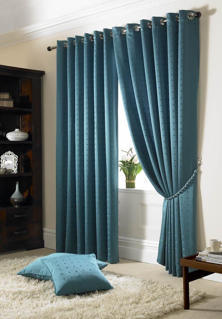 JACQUARD CHECK TEAL LINED RING TOP EYELET CURTAINS DRAPES *6 SIZES* Niska cena sprzedaży