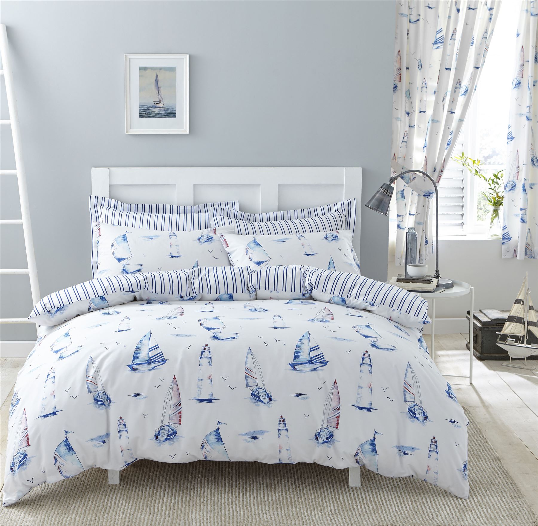 Nautical Boats Stripes Blue Single Duvet Cover Pencil Pleat